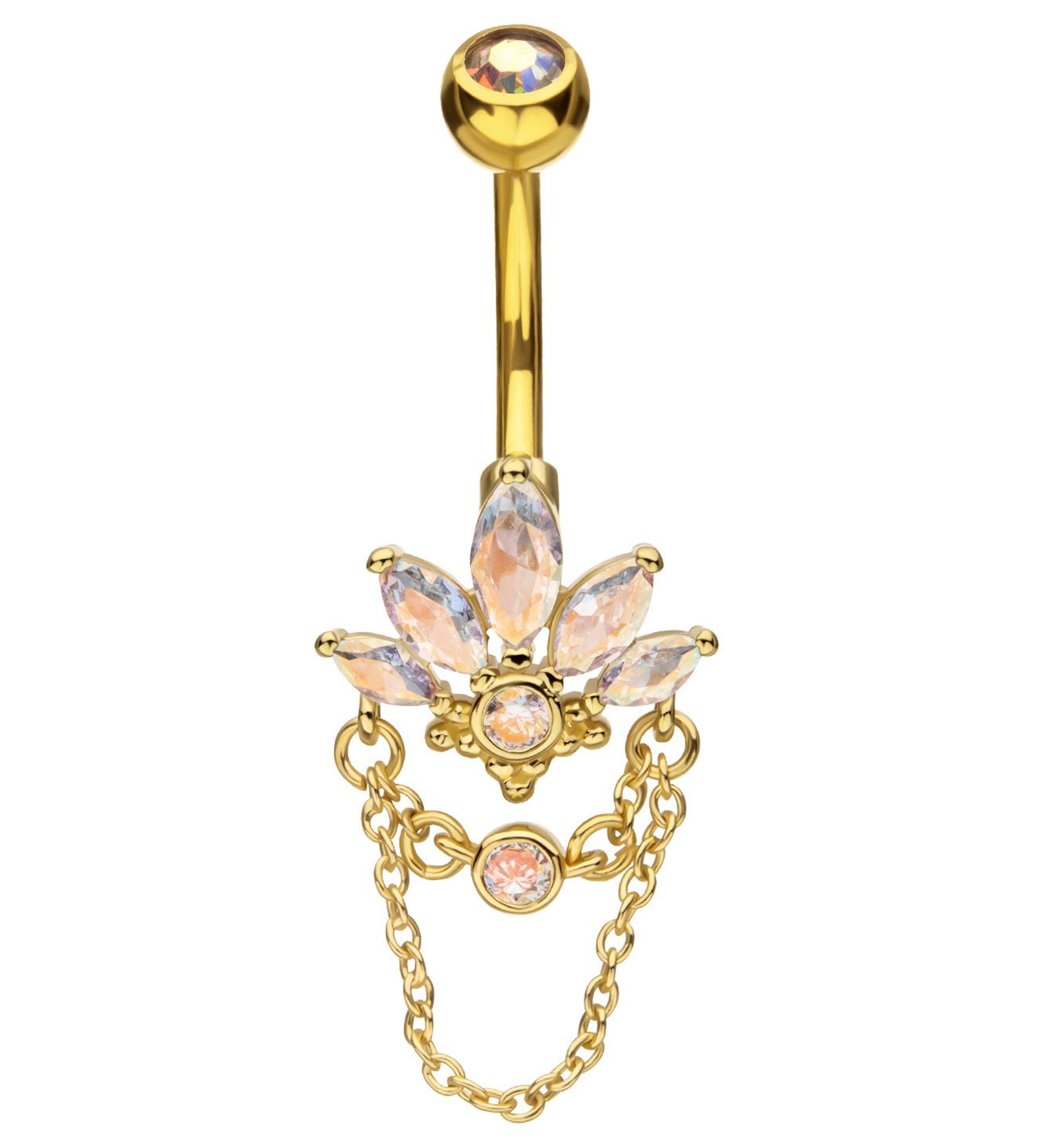 Gold PVD Marquise Lotus Rainbow Aurora CZ Dangle Chain Stainless Steel Belly Button Ring