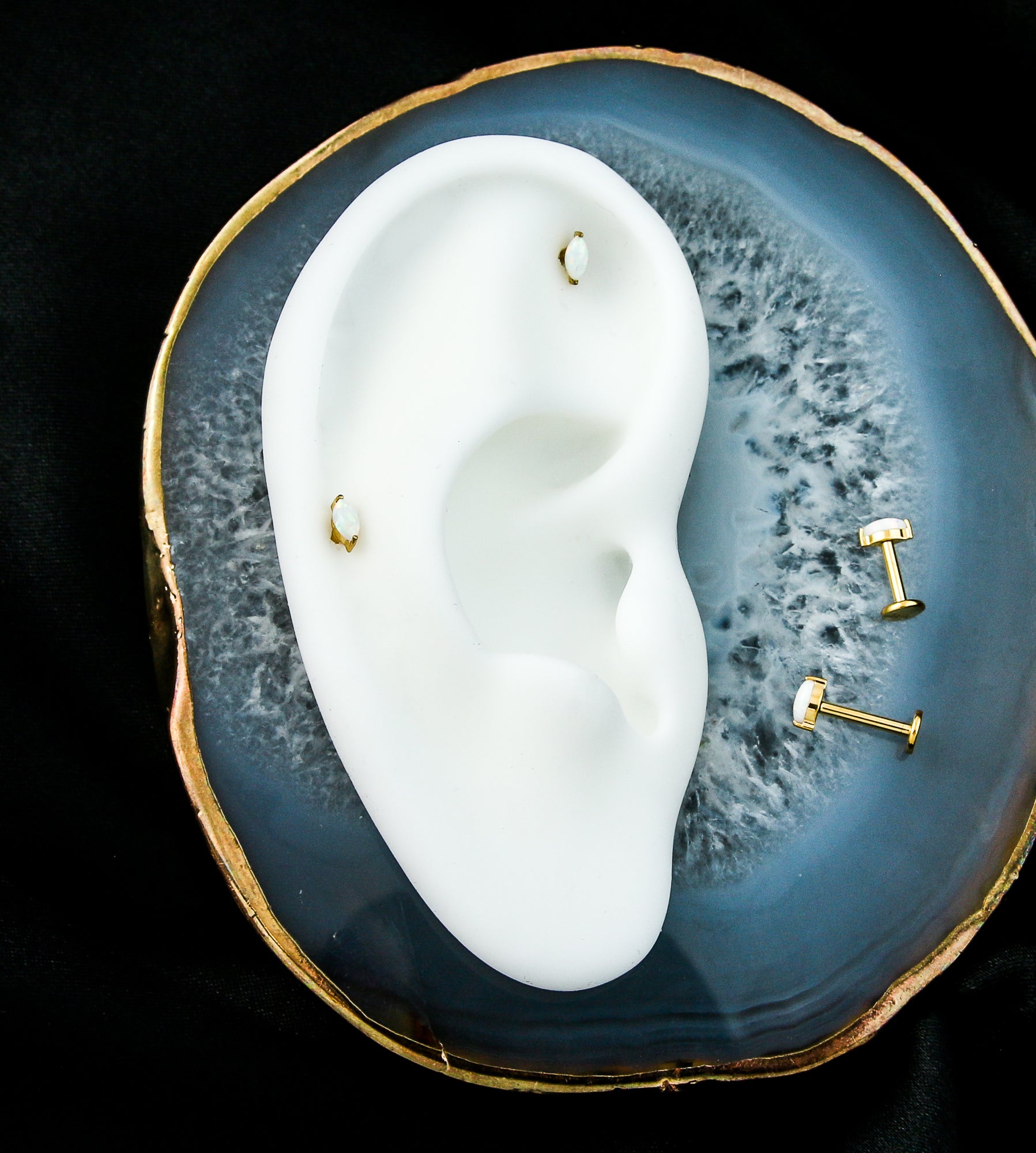 Gold PVD Marquise White Opalite Internally Threaded Titanium Labret