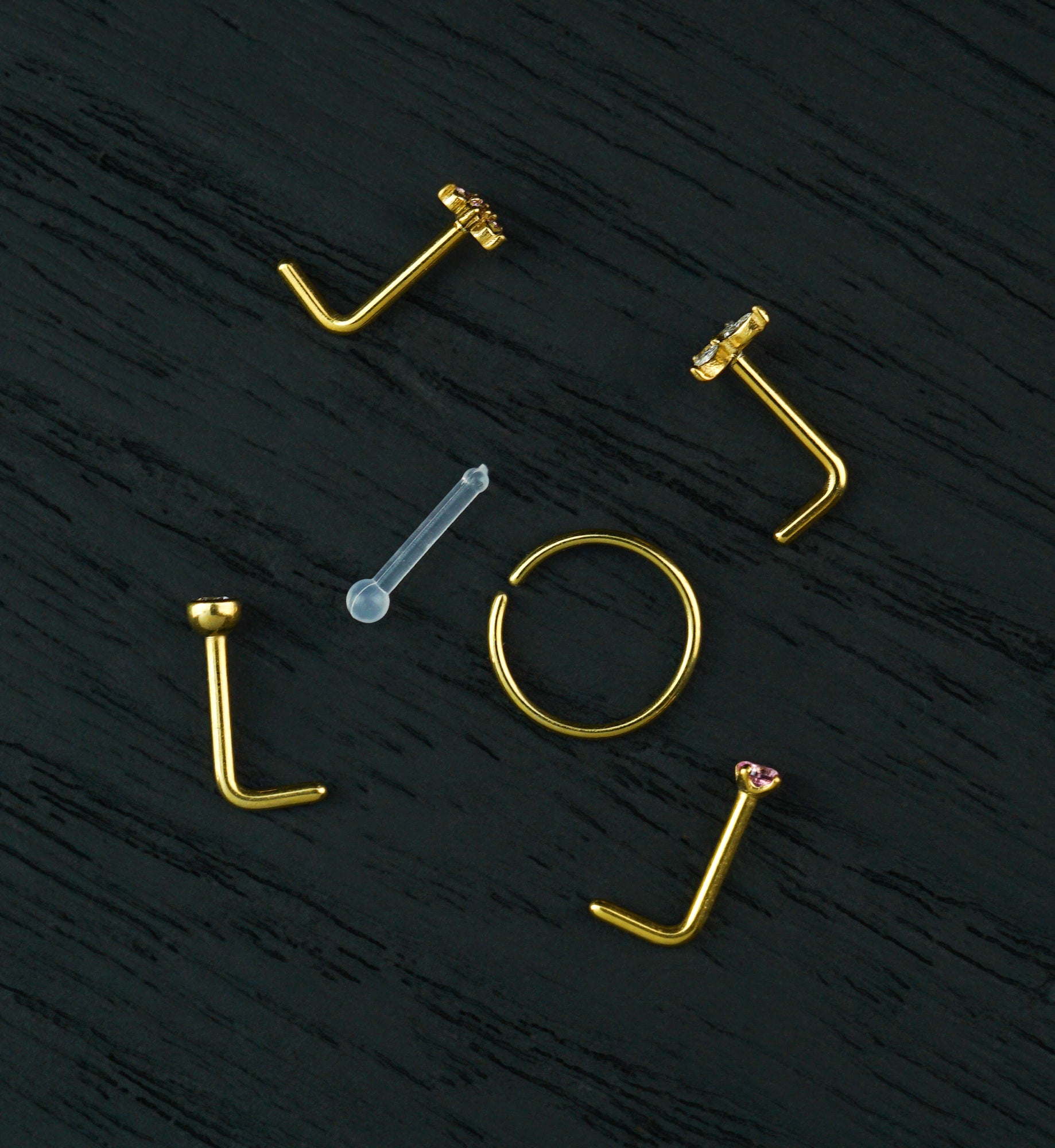 Gold PVD Meadow Clear And Pink CZ Stainless Steel L Bend/Stud/Hoop Variety Pack (6 Pack)