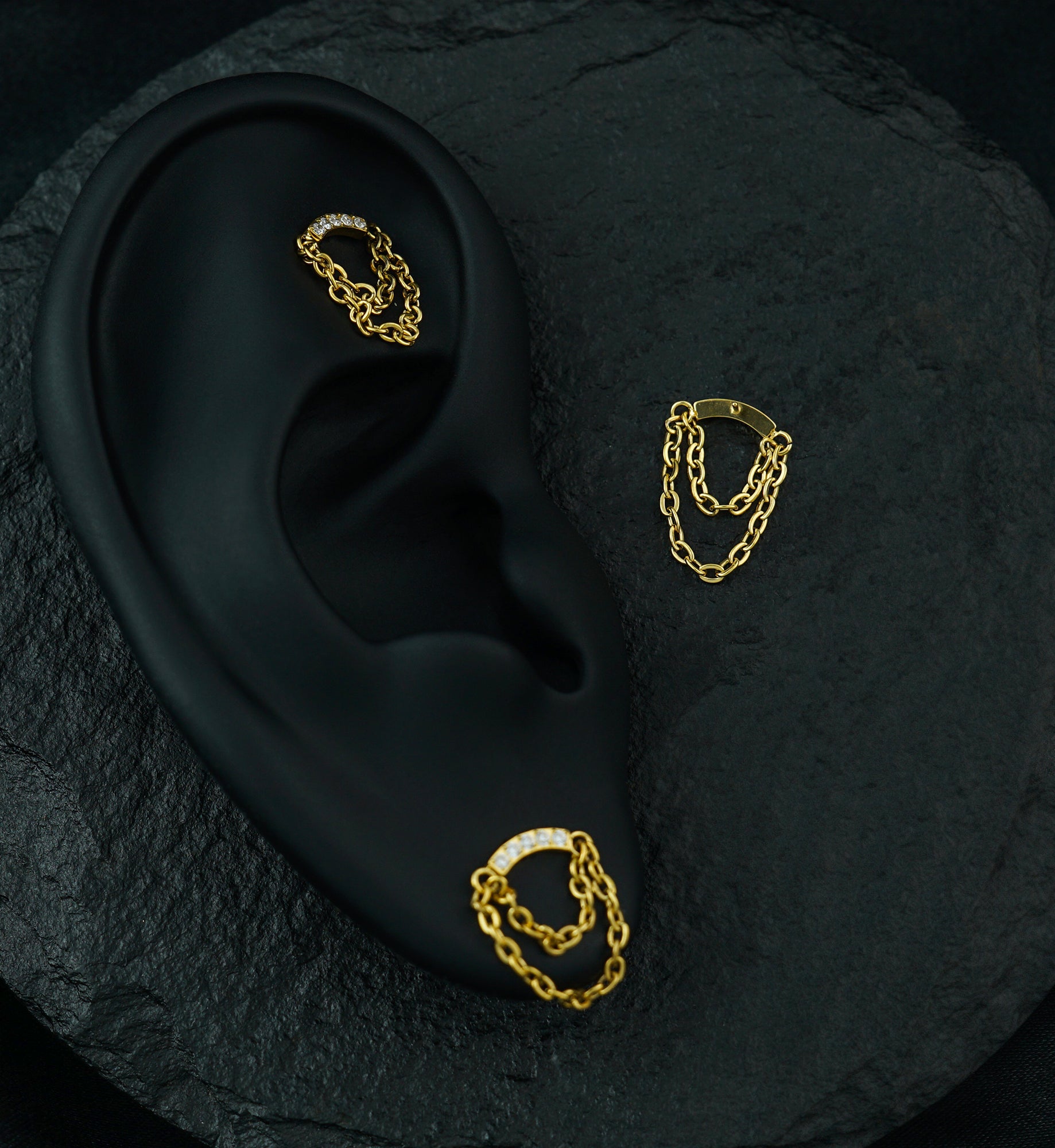 Gold PVD Mini Arch Double Dangle Chain Clear CZ Threadless Titanium Top