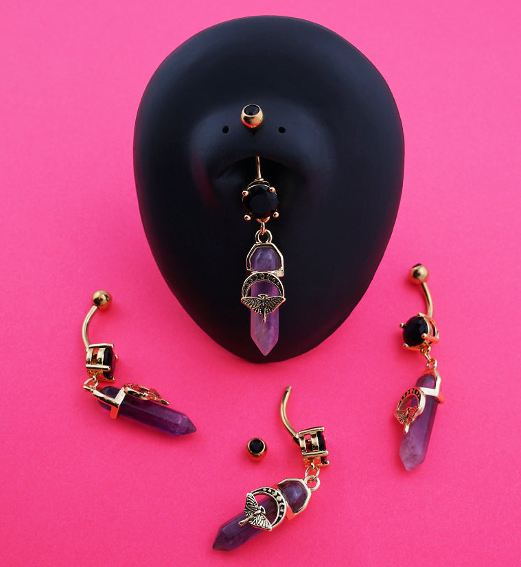 Gold PVD Moon Phase Moth Amethyst Crystal Dangle Stainless Steel Belly Button Ring