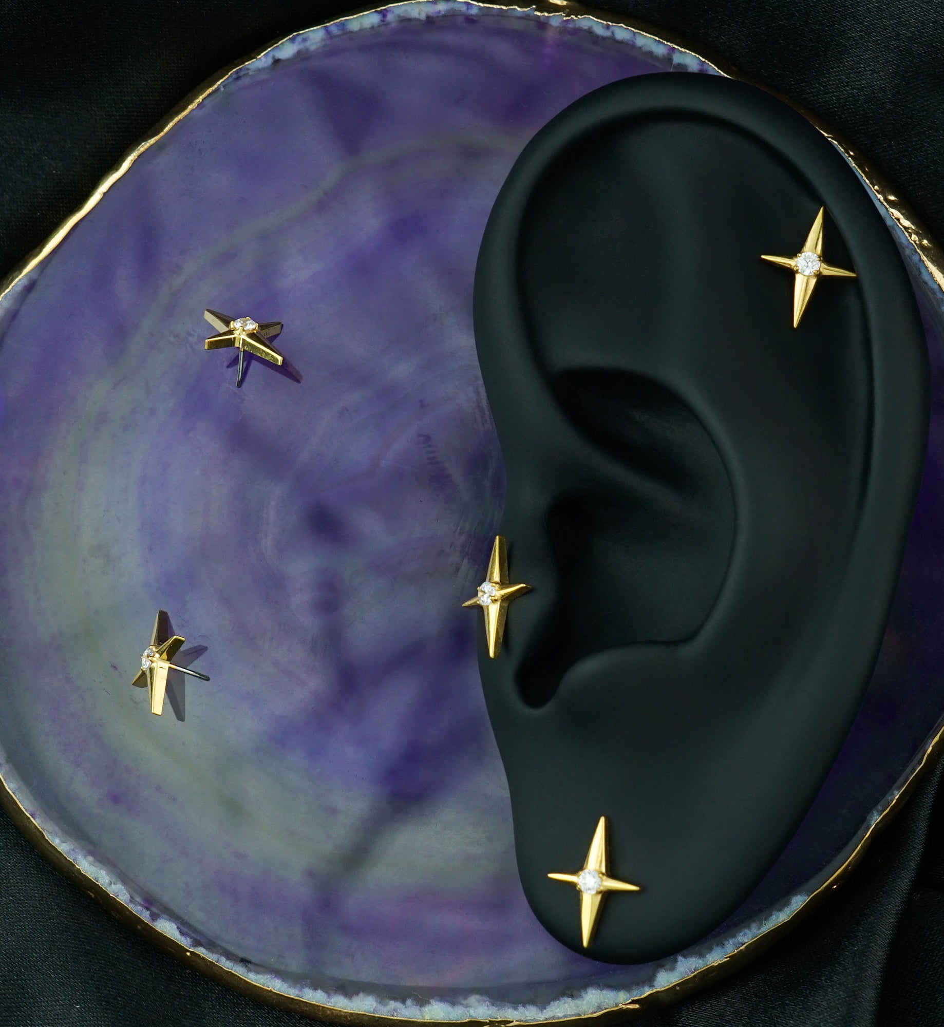 Gold PVD North Star Center Clear CZ Titanium Threadless Top