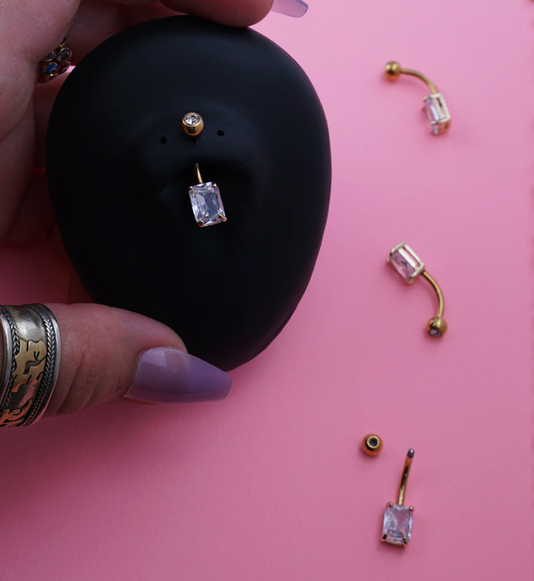 Gold PVD Oblong Brass Prong Clear CZ Titanium Belly Button Ring