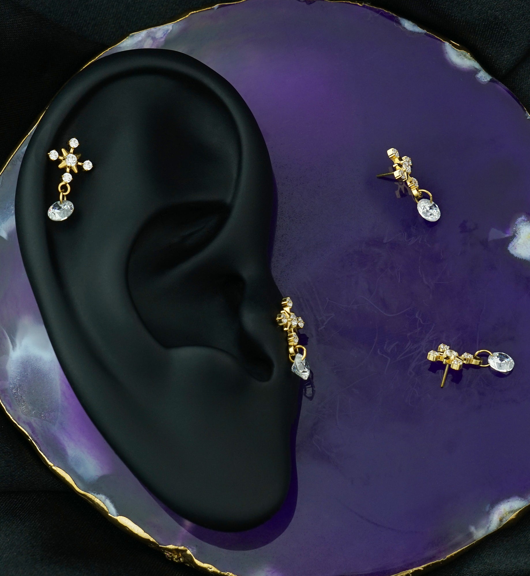 Gold PVD Ornamental Starburst Clear CZ Dangle Titanium Threadless Top