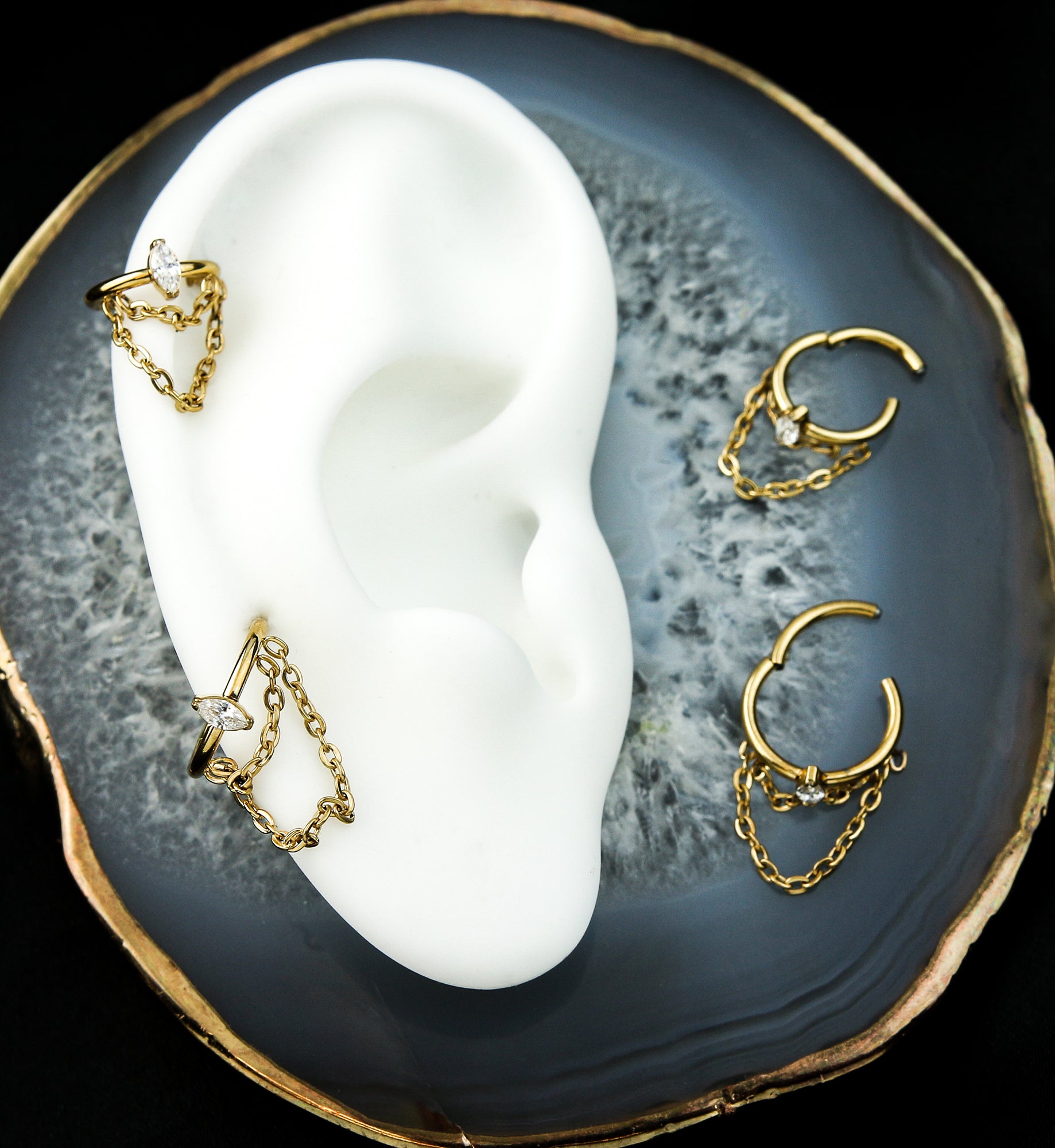 Gold PVD Outward Marquise CZ Double Dangle Chain Stainless Steel Hinged Segment Ring