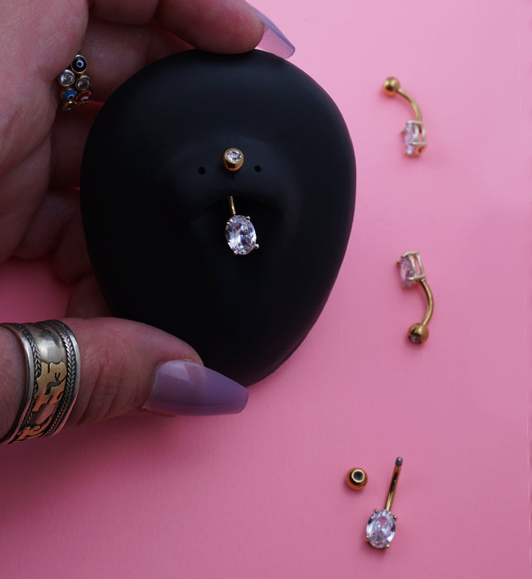 Gold PVD Oval Brass Prong Clear CZ Titanium Belly Button Ring