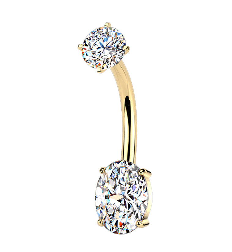 Gold PVD Oval CZ Stainless Steel Internally Threaded Belly Button Ring