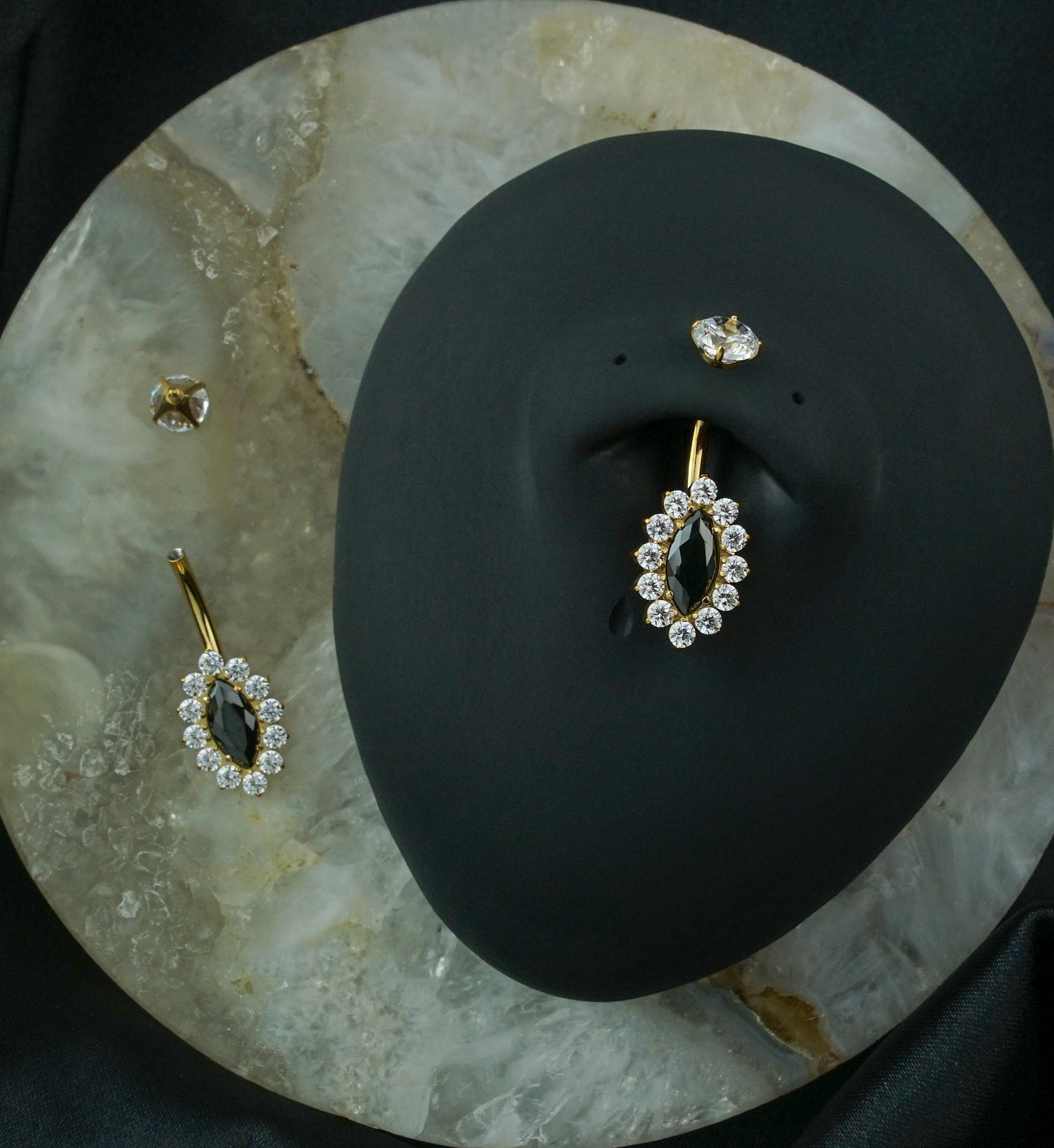 Gold PVD Ovoid Marquise Black CZ Titanium Internally Threaded Belly Button Ring