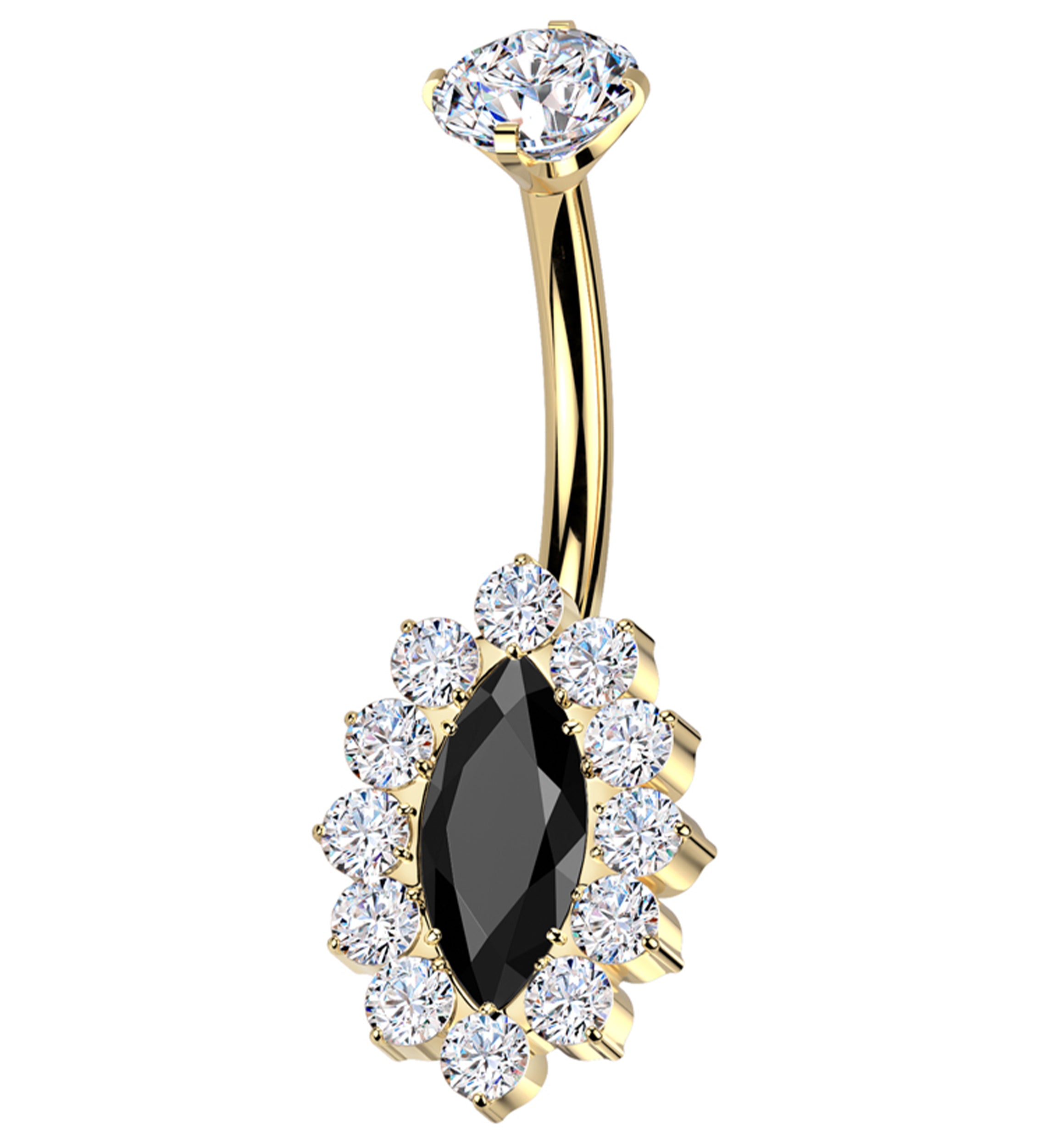 Gold PVD Ovoid Marquise Black CZ Titanium Internally Threaded Belly Button Ring