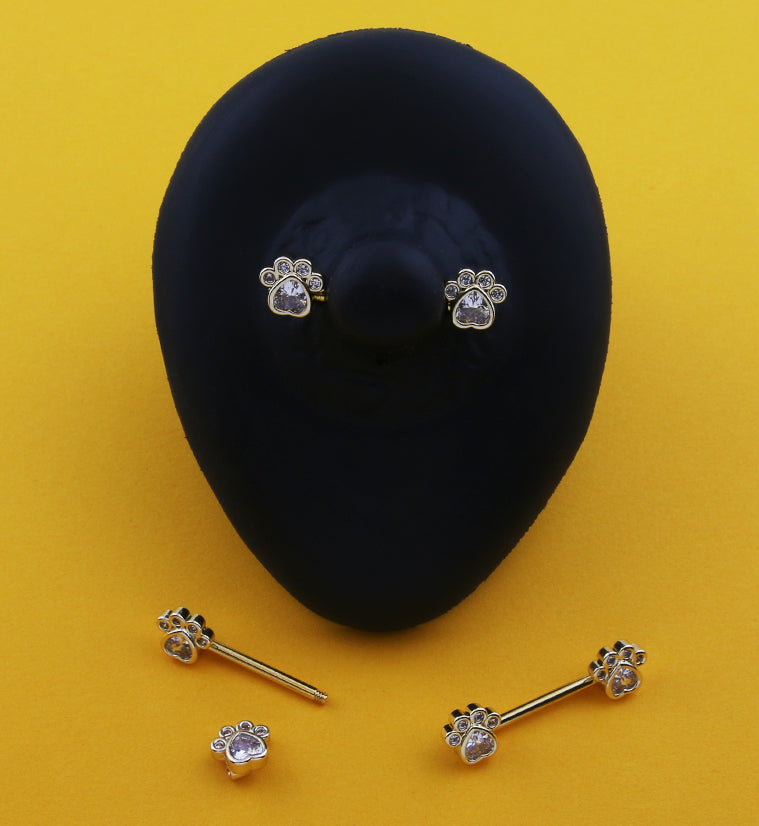 Gold PVD Paw Print Clear CZ Stainless Steel Nipple Barbell