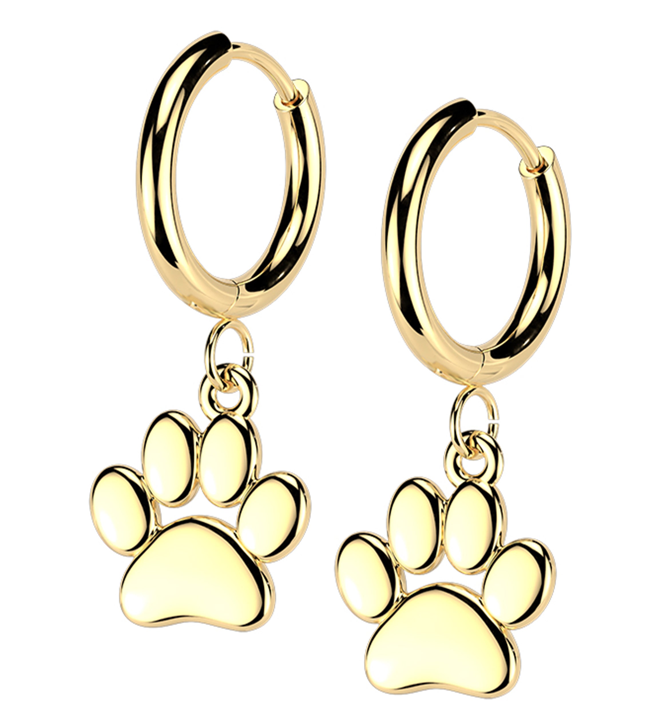 Gold PVD Paw Print Stainless Steel Hinged Hoop Huggie Dangle Earrings