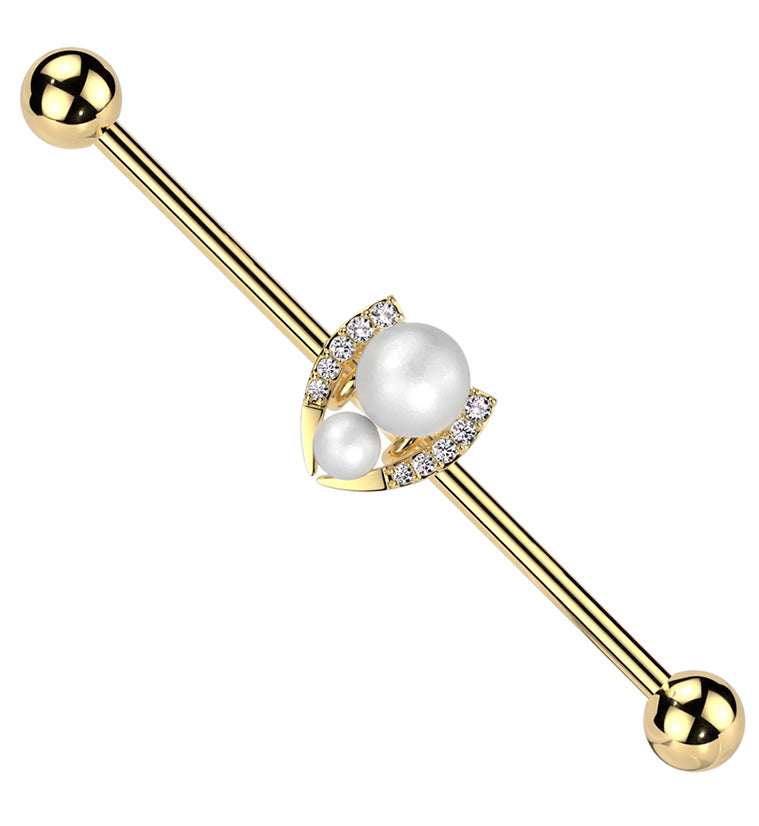 Gold PVD Pearl Horseshoe Clear CZ Stainless Steel Industrial Barbell