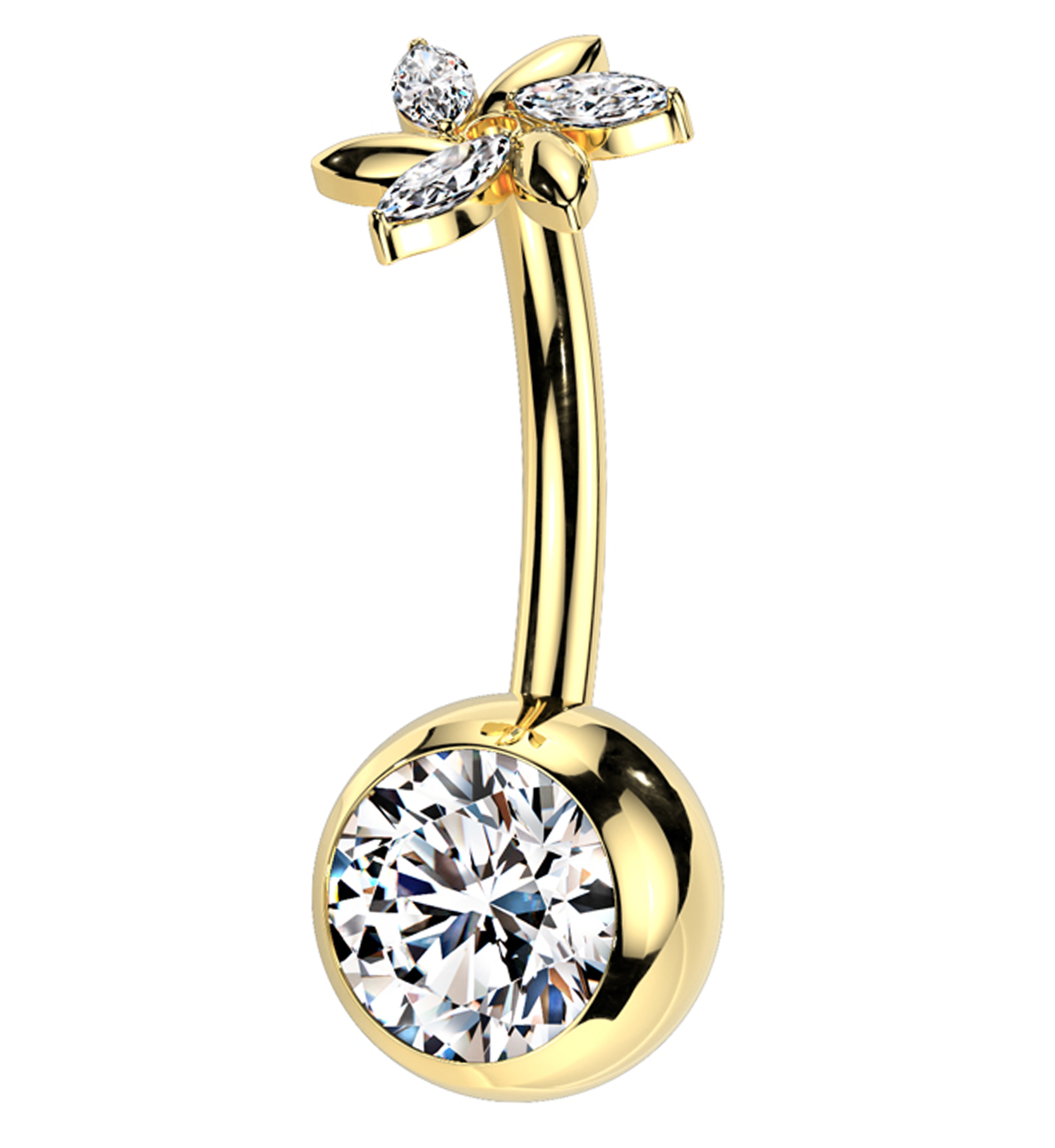 Gold PVD Pinwheel Flower Clear CZ Titanium Threadless Belly Button Ring