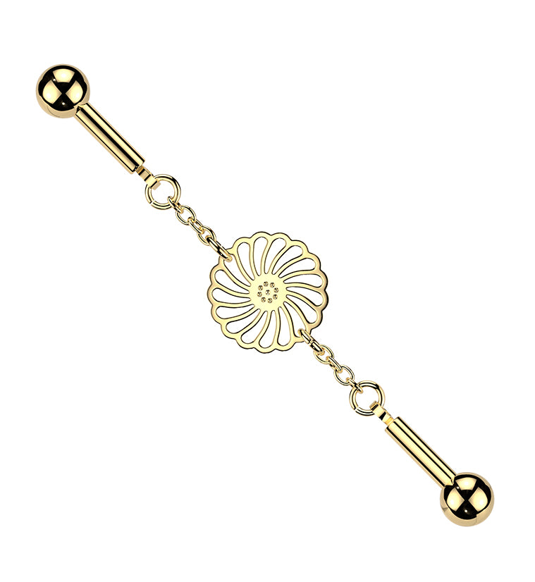 Gold PVD Pinwheel Link Externally Threaded Stainless Steel Barbell