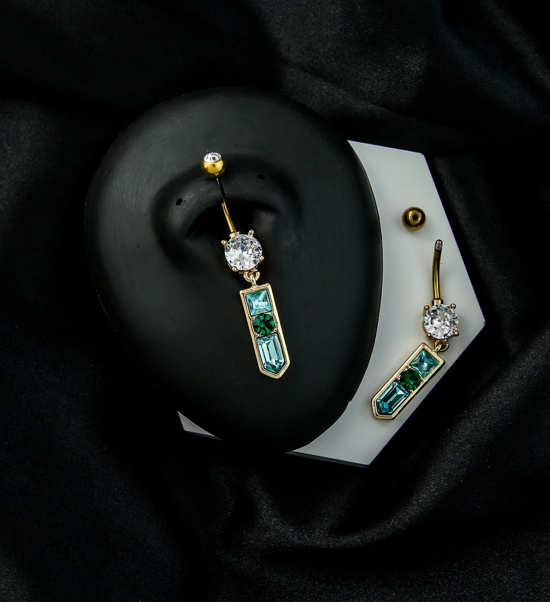 Gold PVD Pointed Baguette Multi CZ Dangle Stainless Steel Belly Button Ring