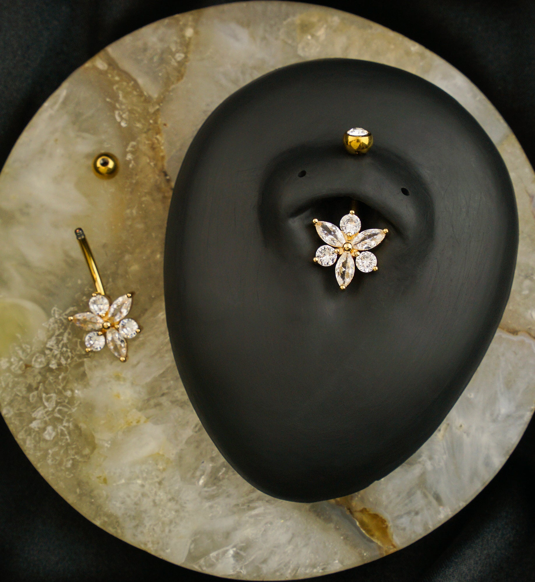 Gold PVD Pointed Flower Clear CZ Titanium Belly Button Ring