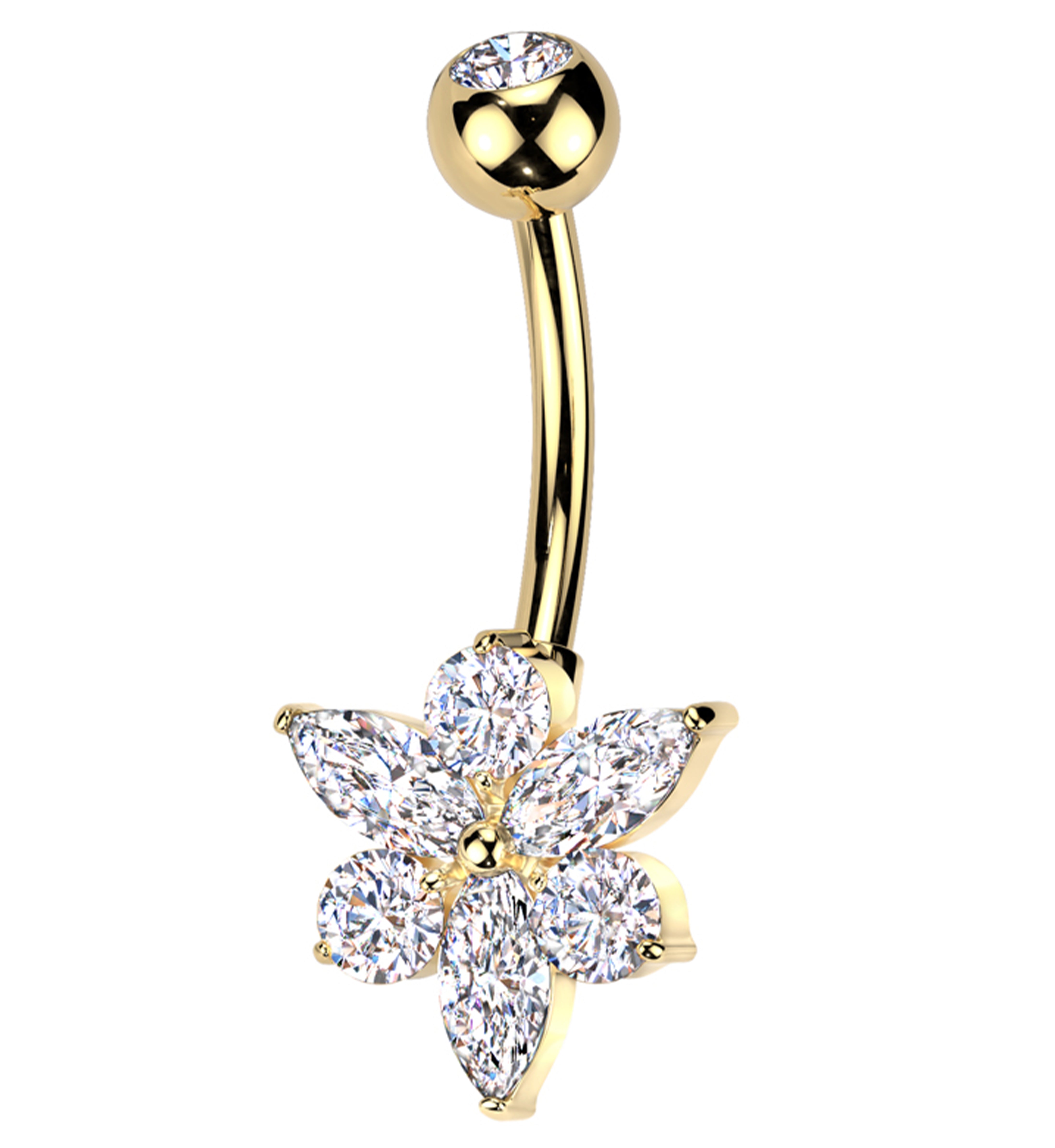 Gold PVD Pointed Flower Clear CZ Titanium Belly Button Ring