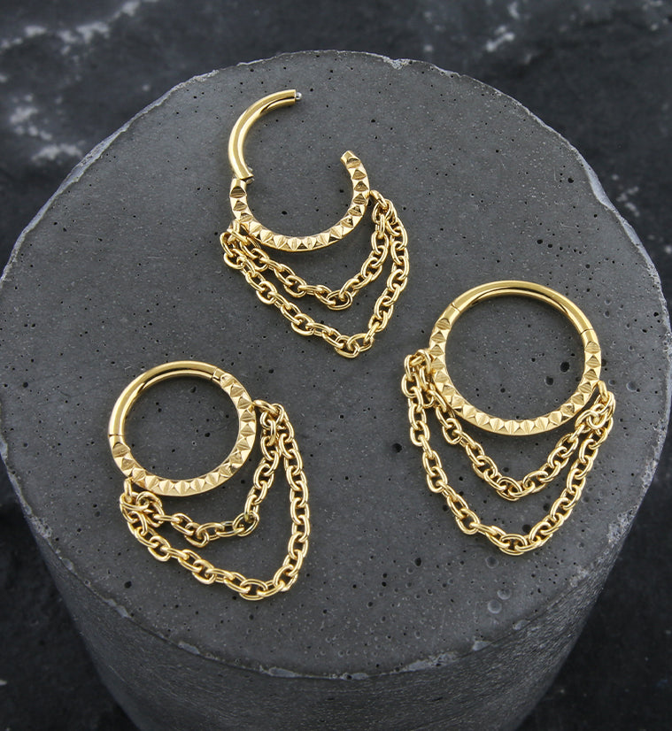 Gold PVD Polyhedra Double Dangle Chain Stainless Steel Hinged Segment Ring