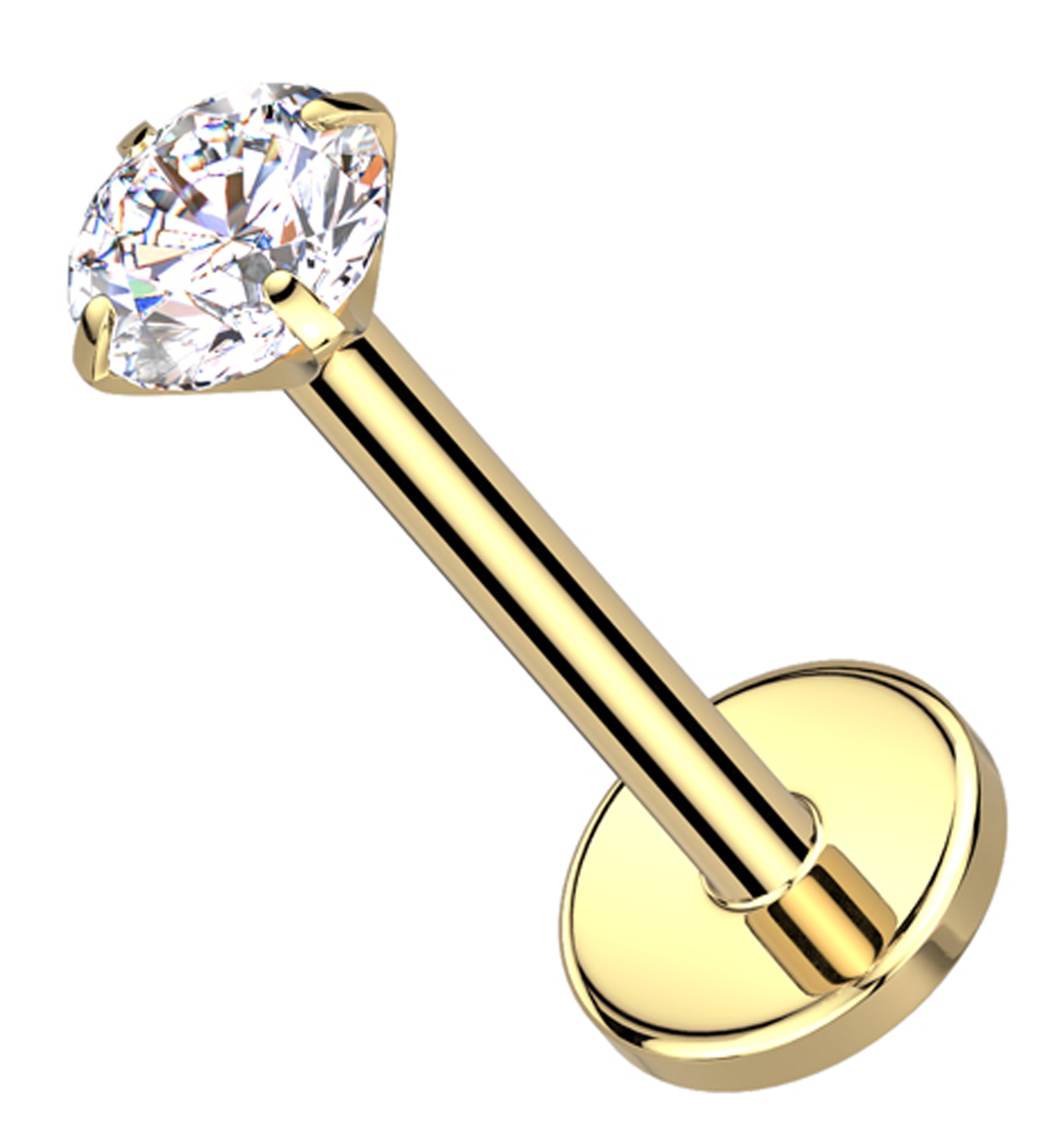 Gold PVD Prong Clear CZ Flat Disk Titanium Threadless Labret