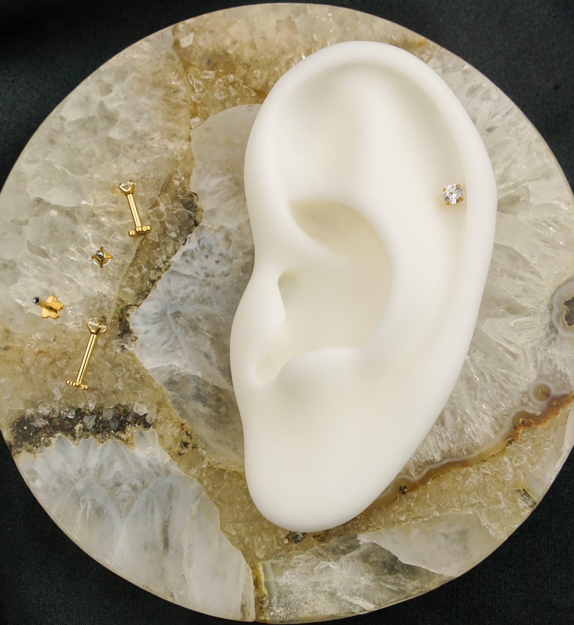 Gold PVD Prong Clear CZ Internally Threaded Titanium Flower Back Labret