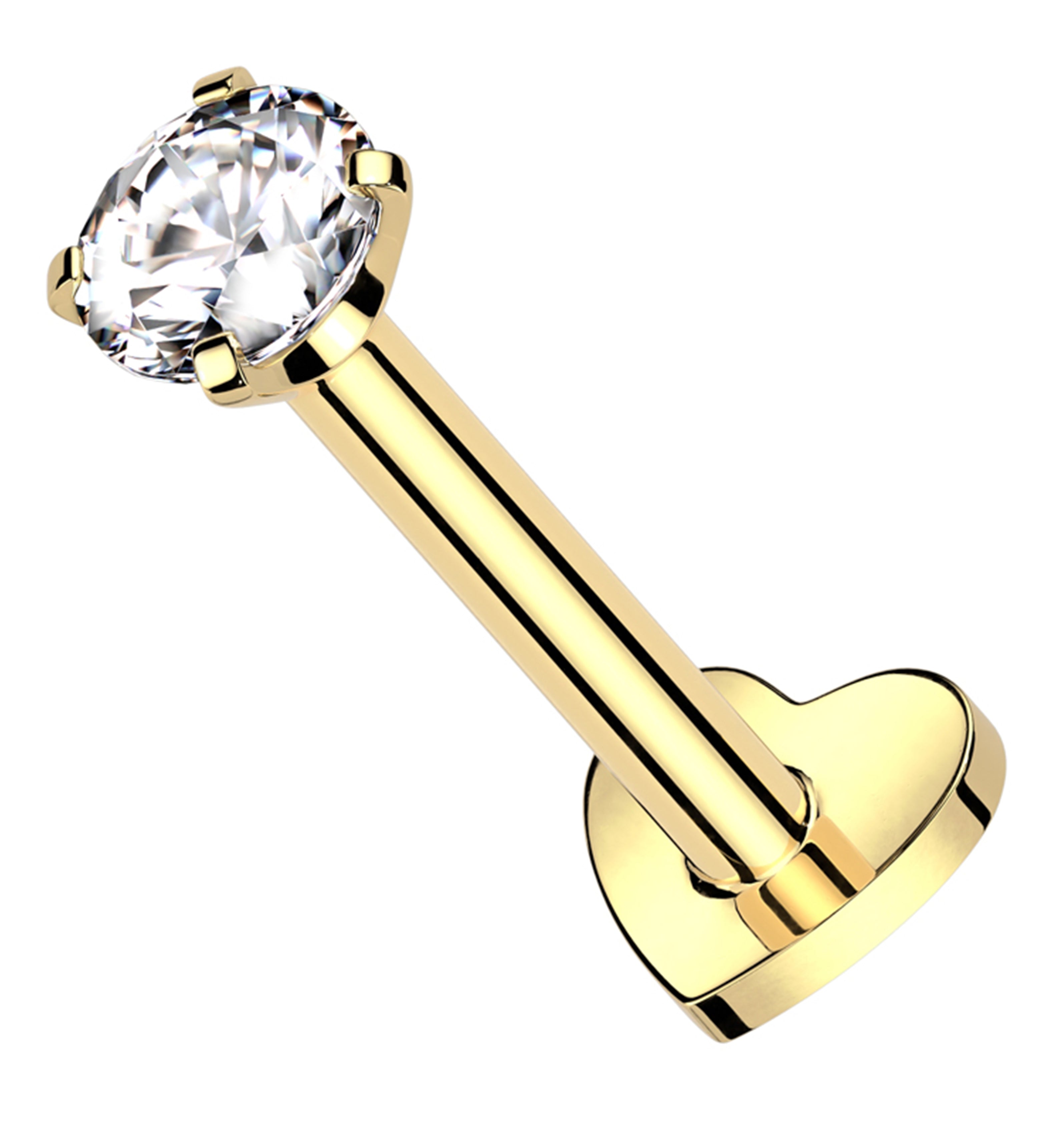 Gold PVD Prong Clear CZ Internally Threaded Titanium Heart Disk Labret