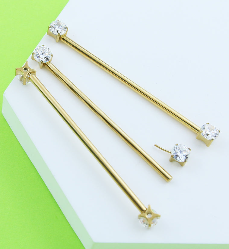Gold PVD Prong Clear CZ Threadless Titanium Industrial Barbell