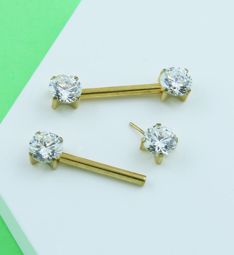 Gold PVD Prong Clear CZ Threadless Titanium Nipple Barbells
