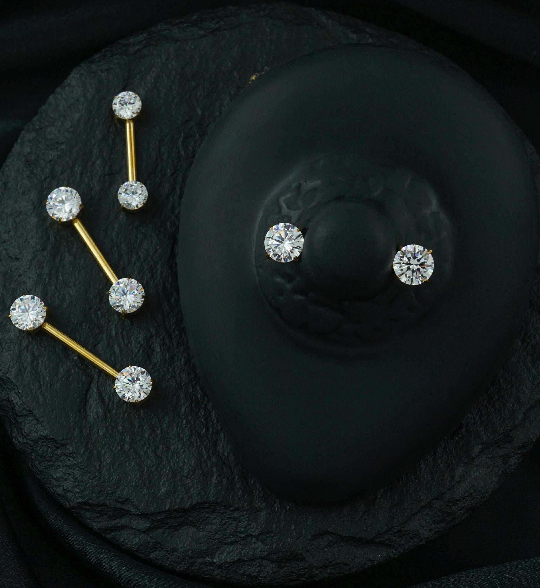 Gold PVD Prong Double Clear CZ Internally Threaded Titanium Nipple Barbell