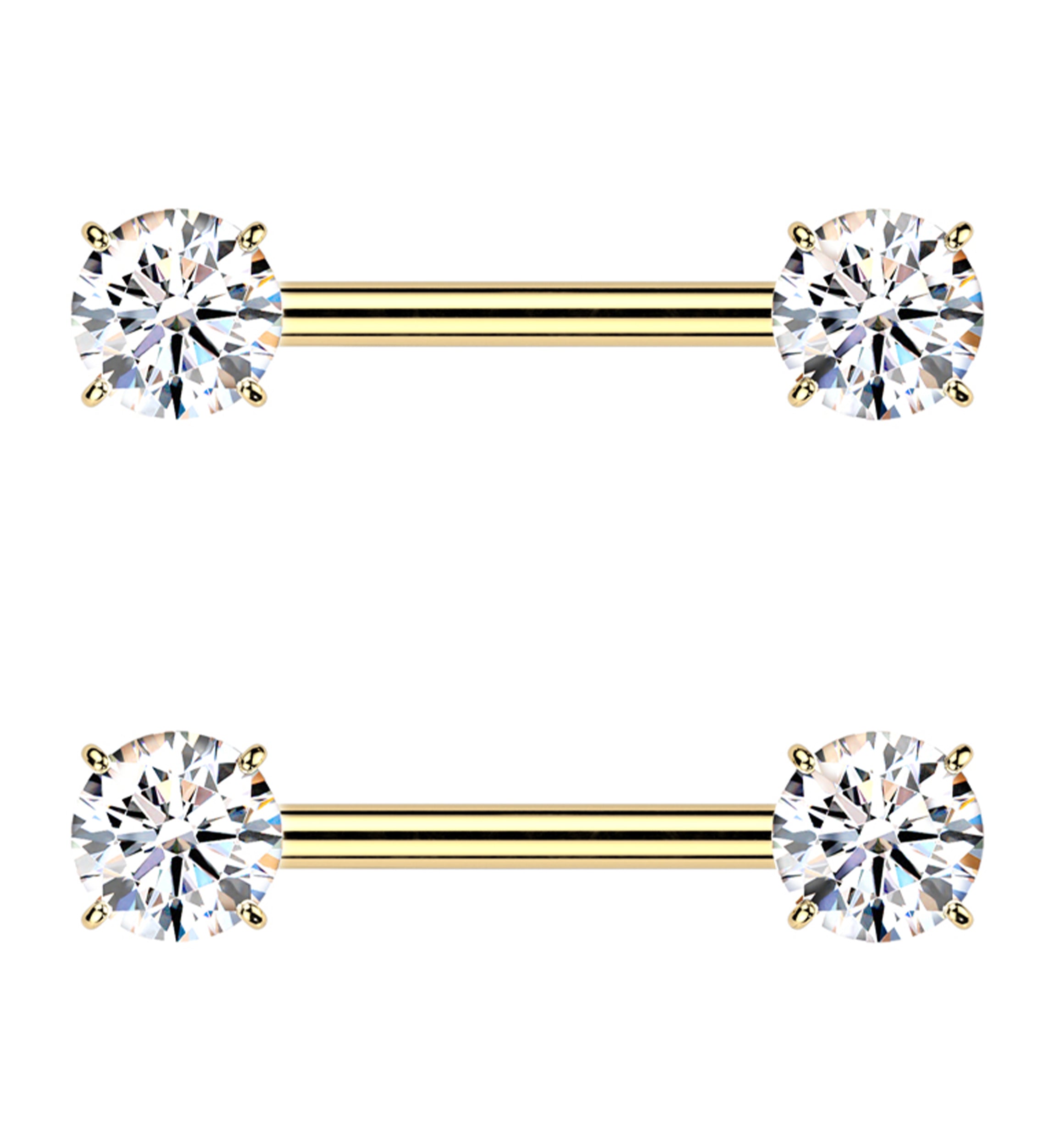 Gold PVD Prong Double Clear CZ Internally Threaded Titanium Nipple Barbell