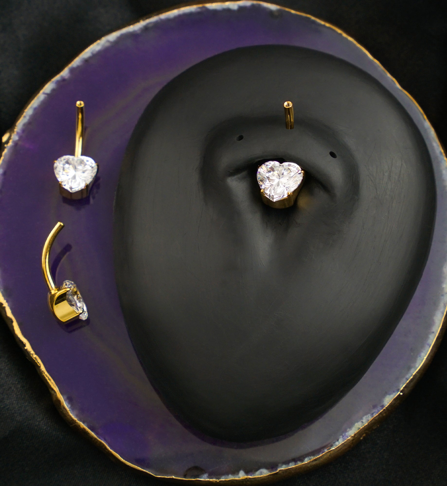 Gold PVD Prong Heart Clear CZ Titanium Internally Threaded Belly Button Ring (No Top)