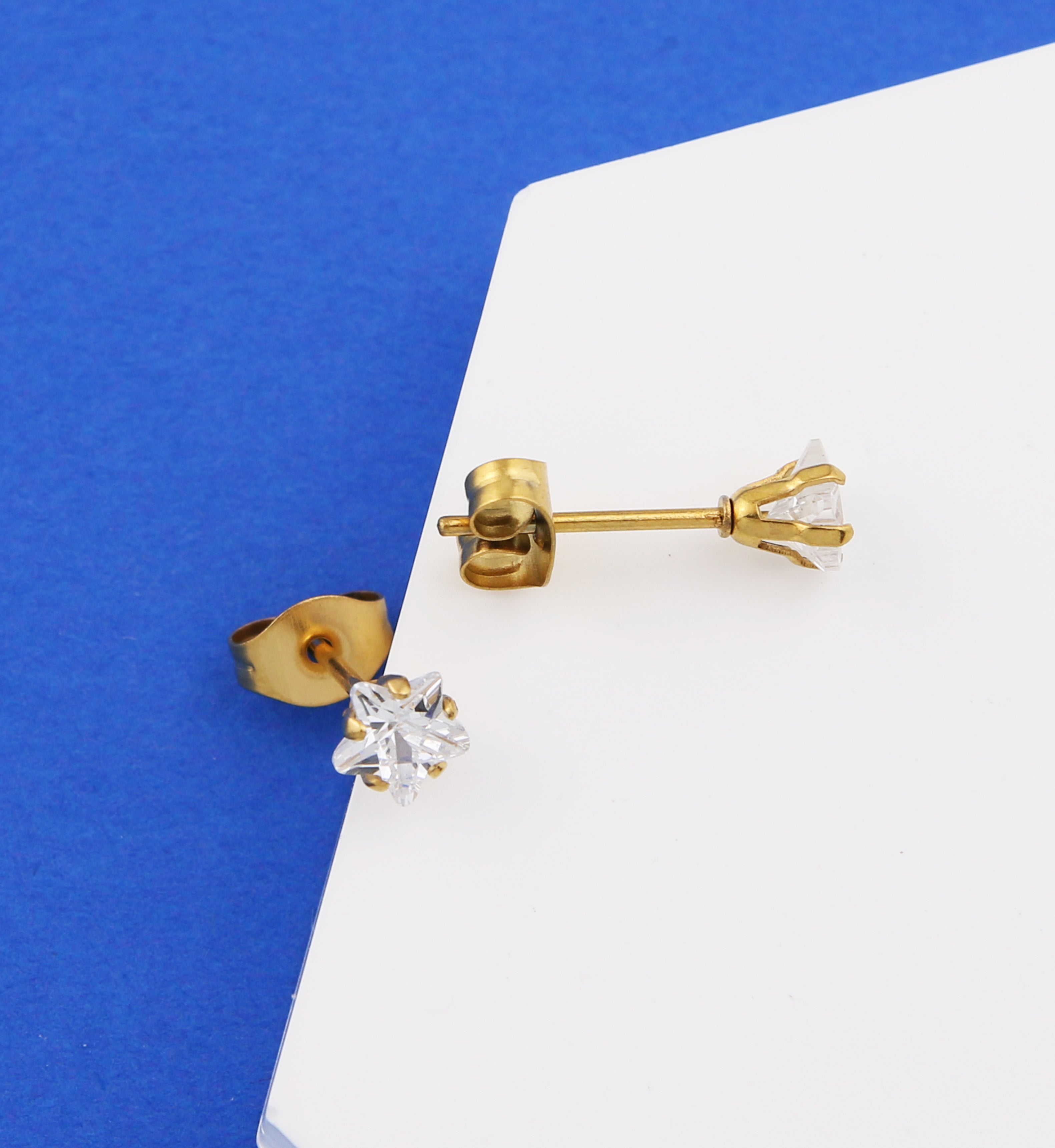 Gold PVD Prong Star Clear CZ Stainless Steel Stud Earrings