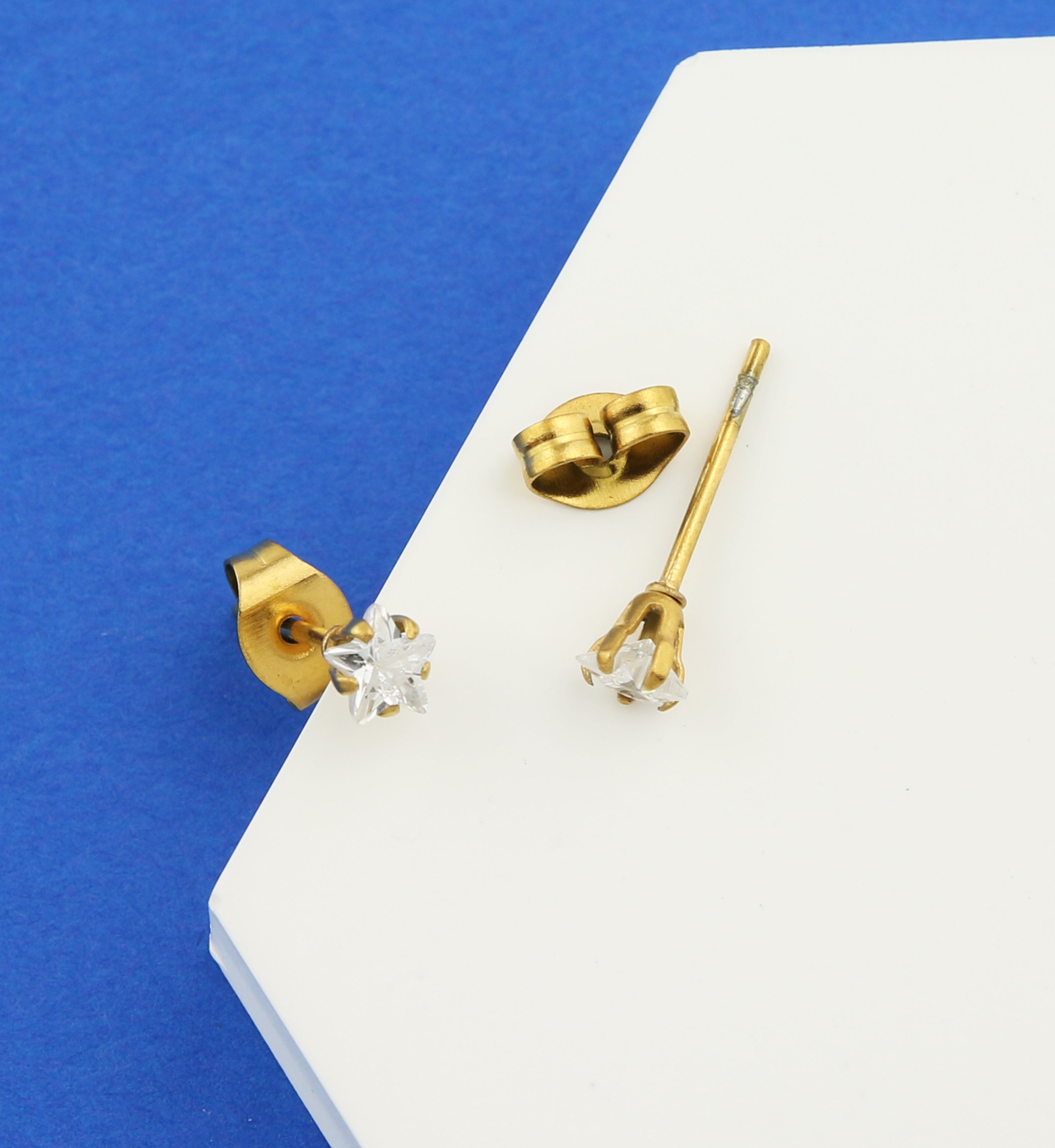 Gold PVD Prong Star Clear CZ Stainless Steel Stud Earrings