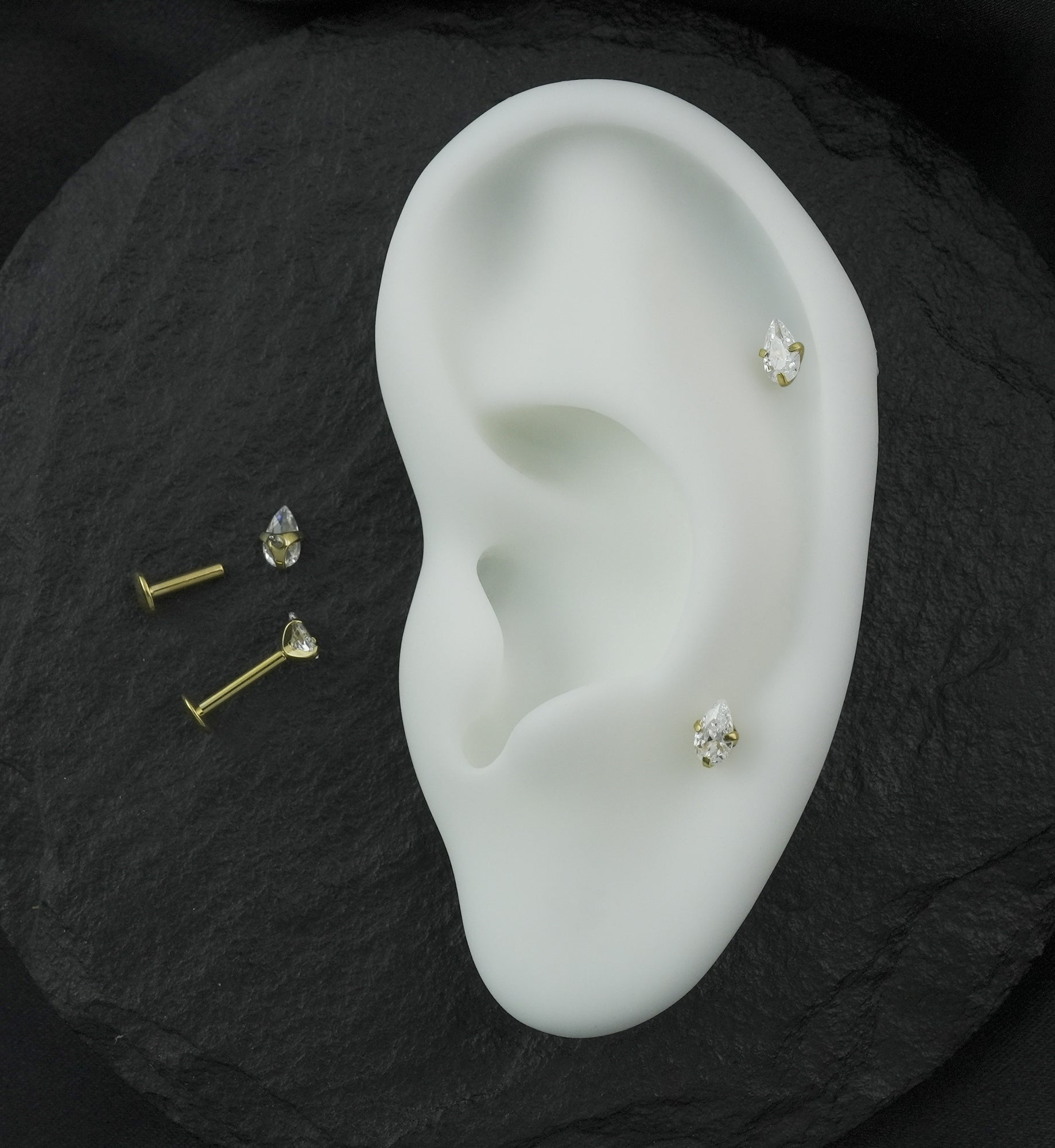 Gold PVD Prong Teardrop Clear CZ Internally Threaded Titanium Convex Back Labret