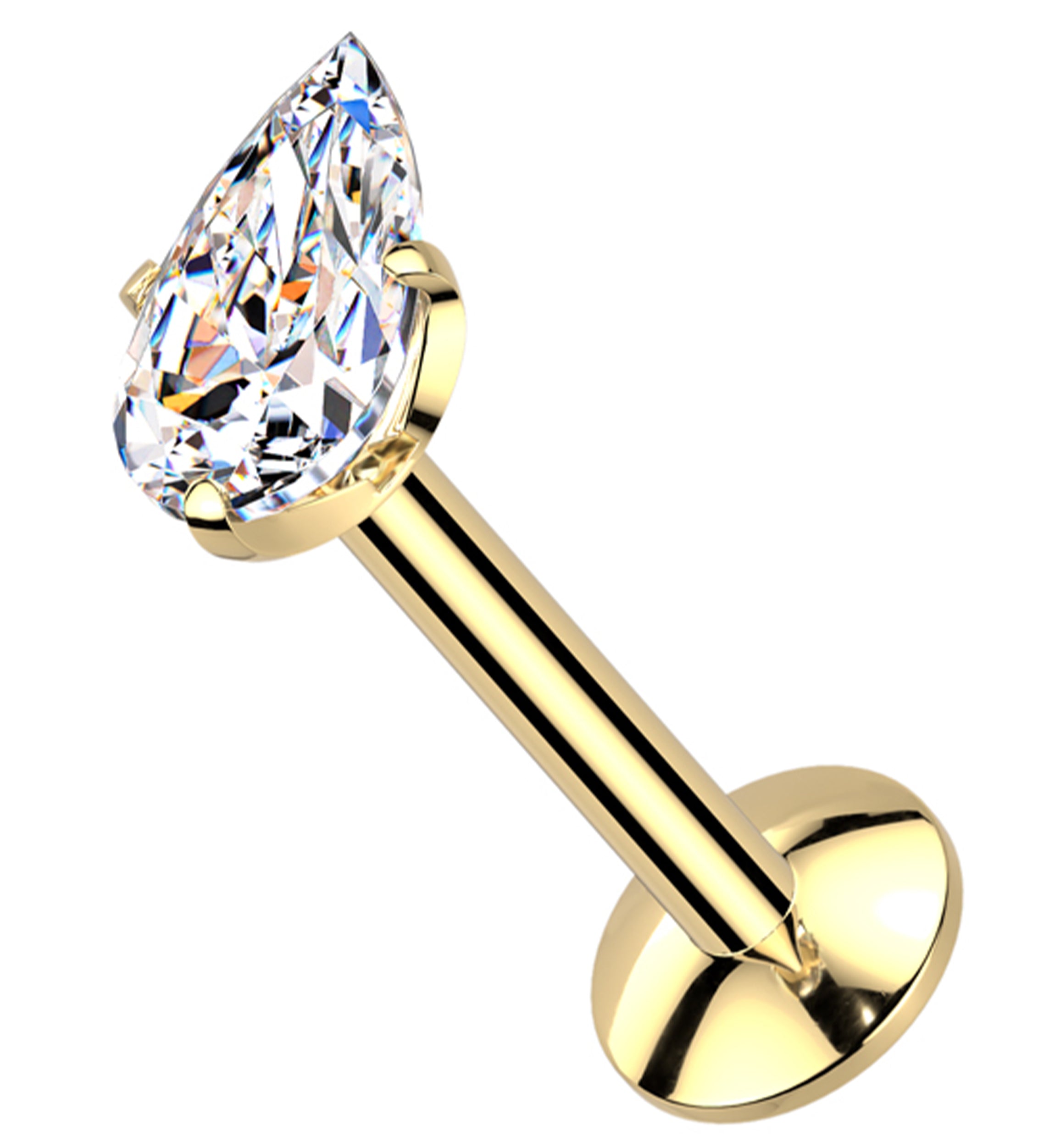 Gold PVD Prong Teardrop Clear CZ Internally Threaded Titanium Convex Back Labret