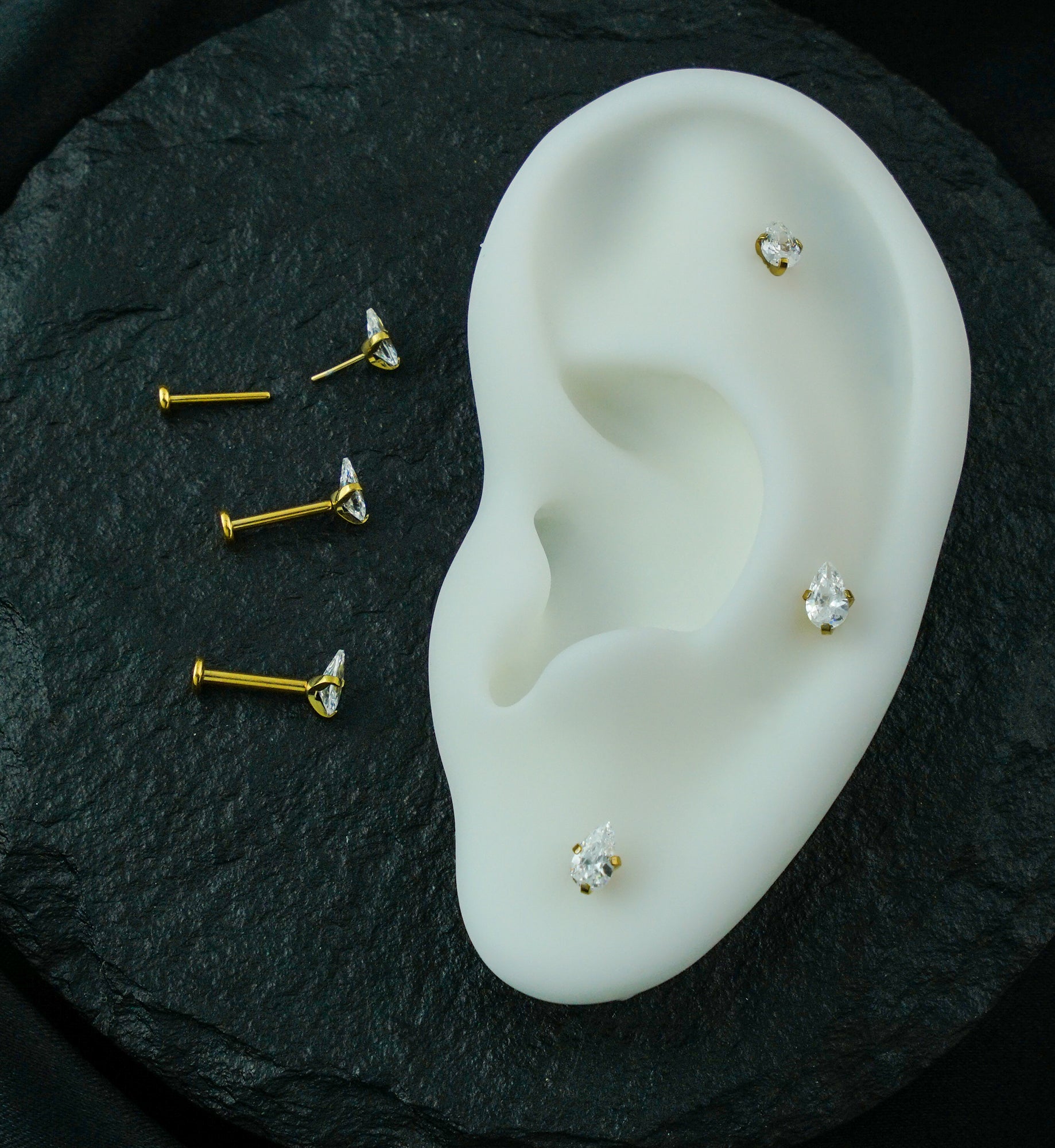 Gold PVD Prong Teardrop Clear CZ Threadless Titanium Flat Disk Labret