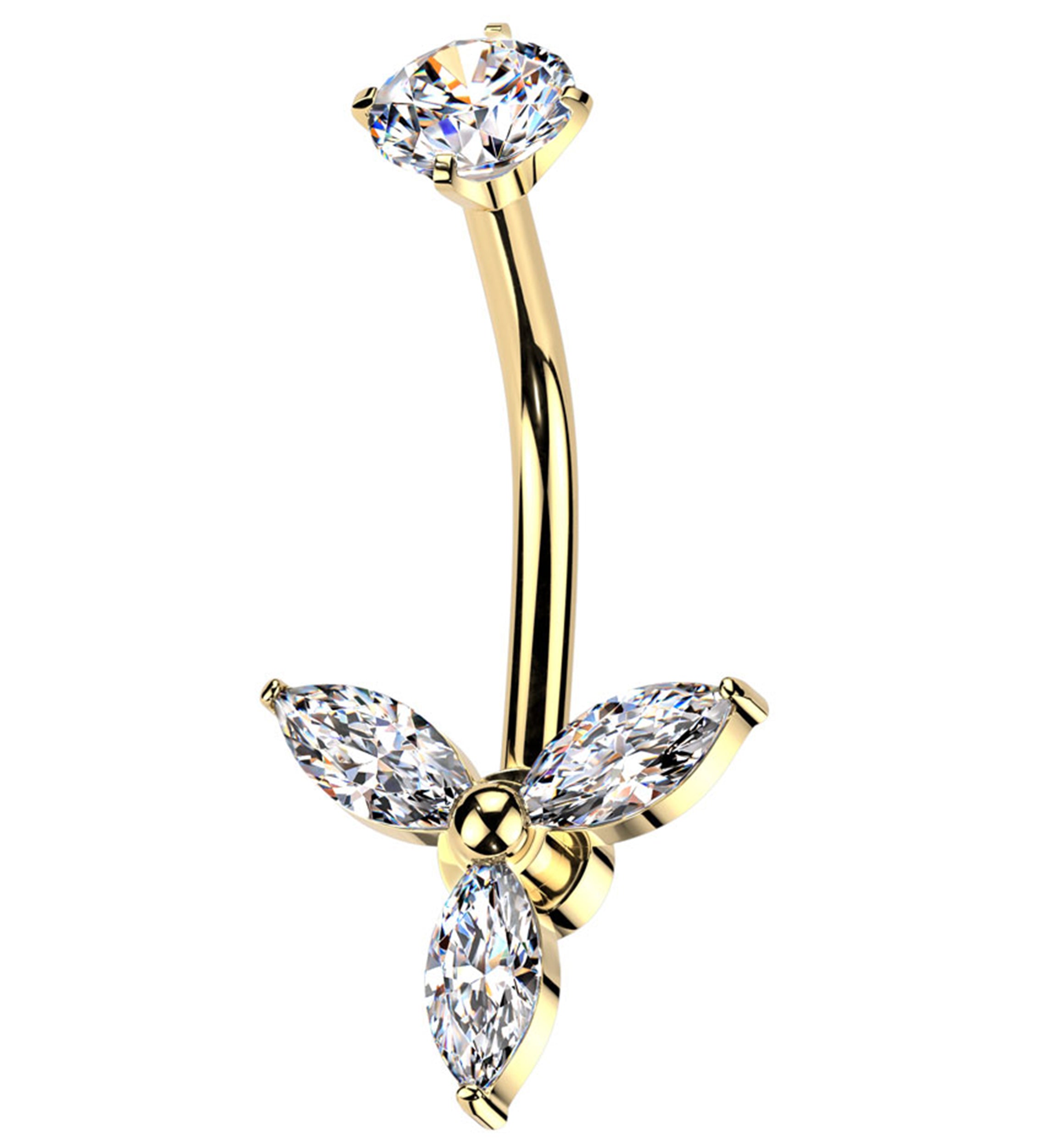 Gold PVD Propeller Clear CZ Internally Threaded Stainless Steel Belly Button Ring