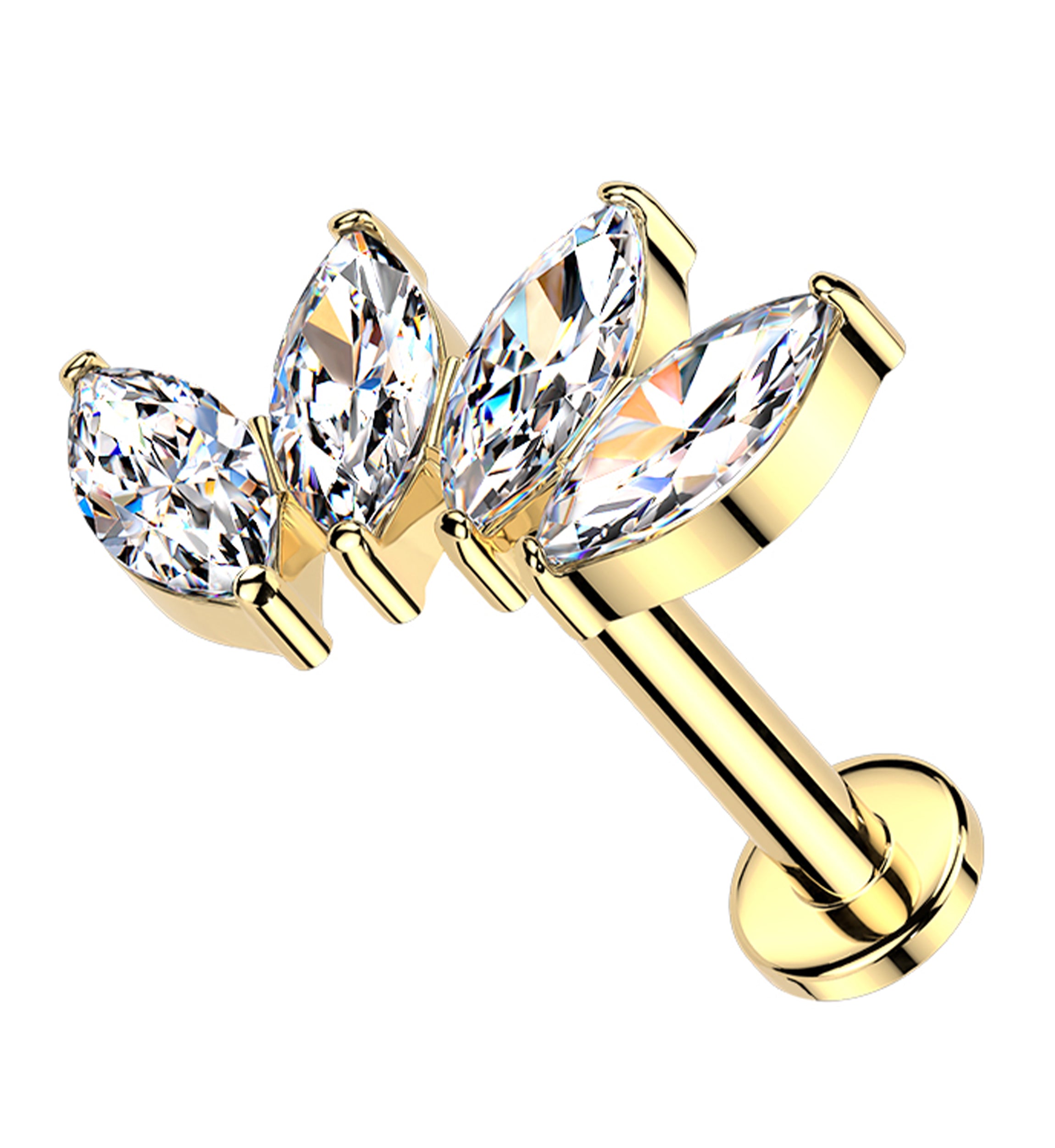 Gold PVD Quartet Clear CZ Threadless Titanium Flat Disk Labret