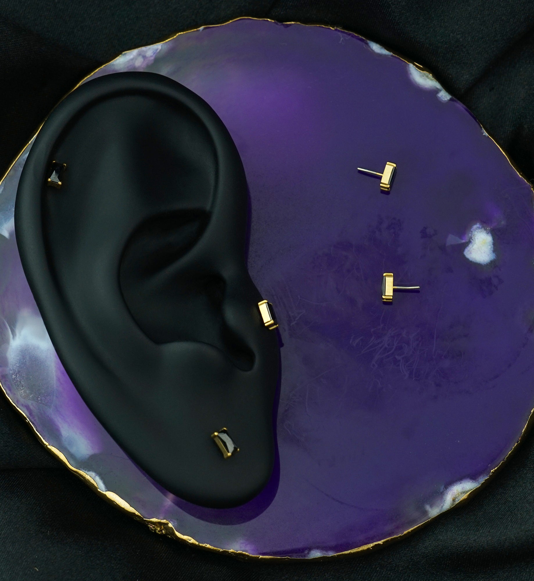 Gold PVD Rectangle Black CZ Titanium Threadless Top