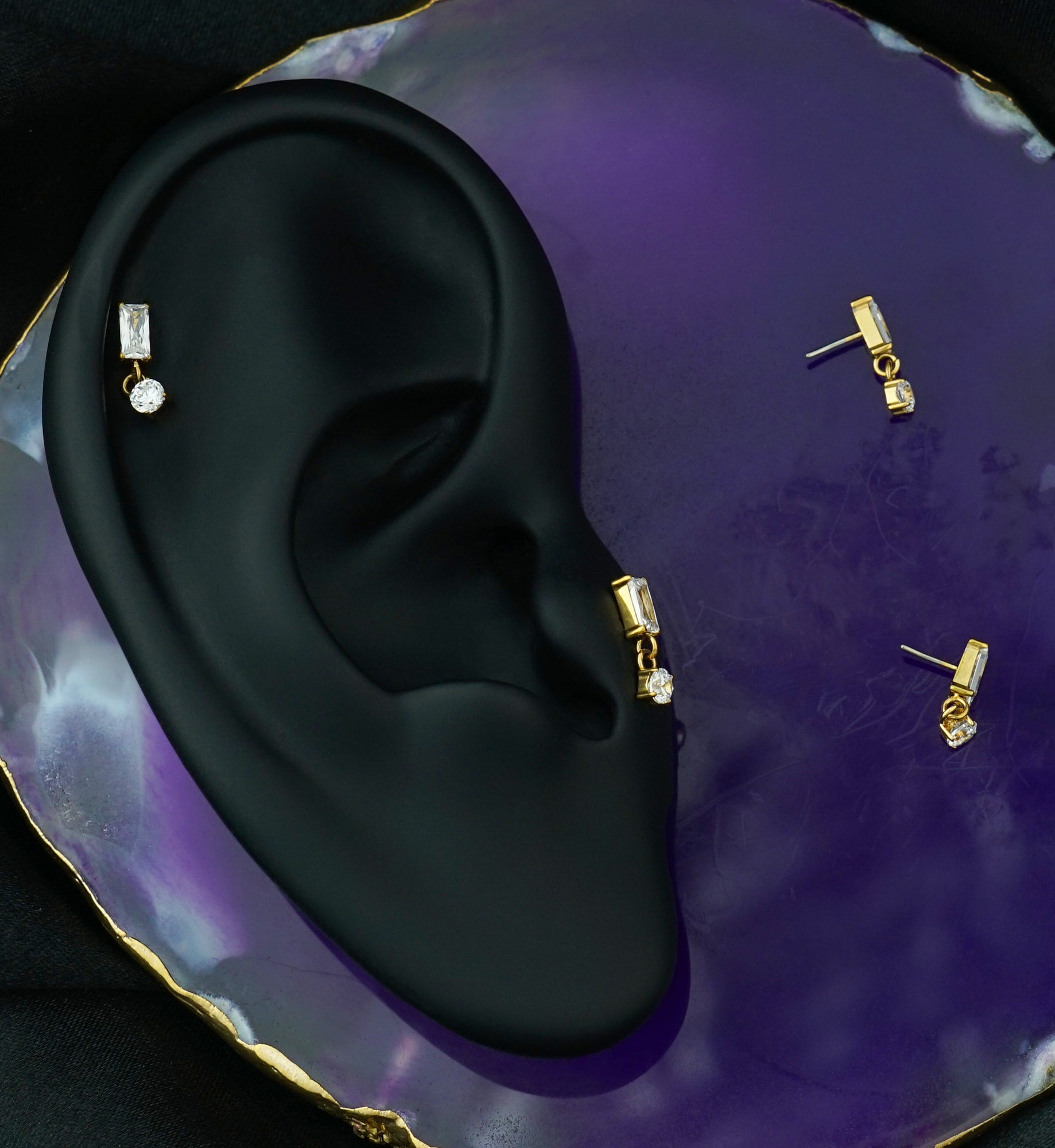 Gold PVD Rectangle Clear CZ Dangle Titanium Threadless Top