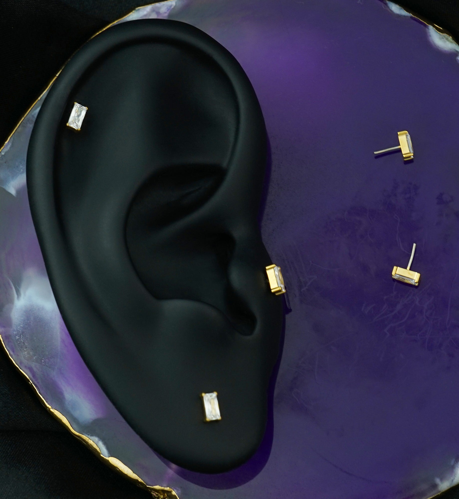 Gold PVD Rectangle Clear CZ Titanium Threadless Top