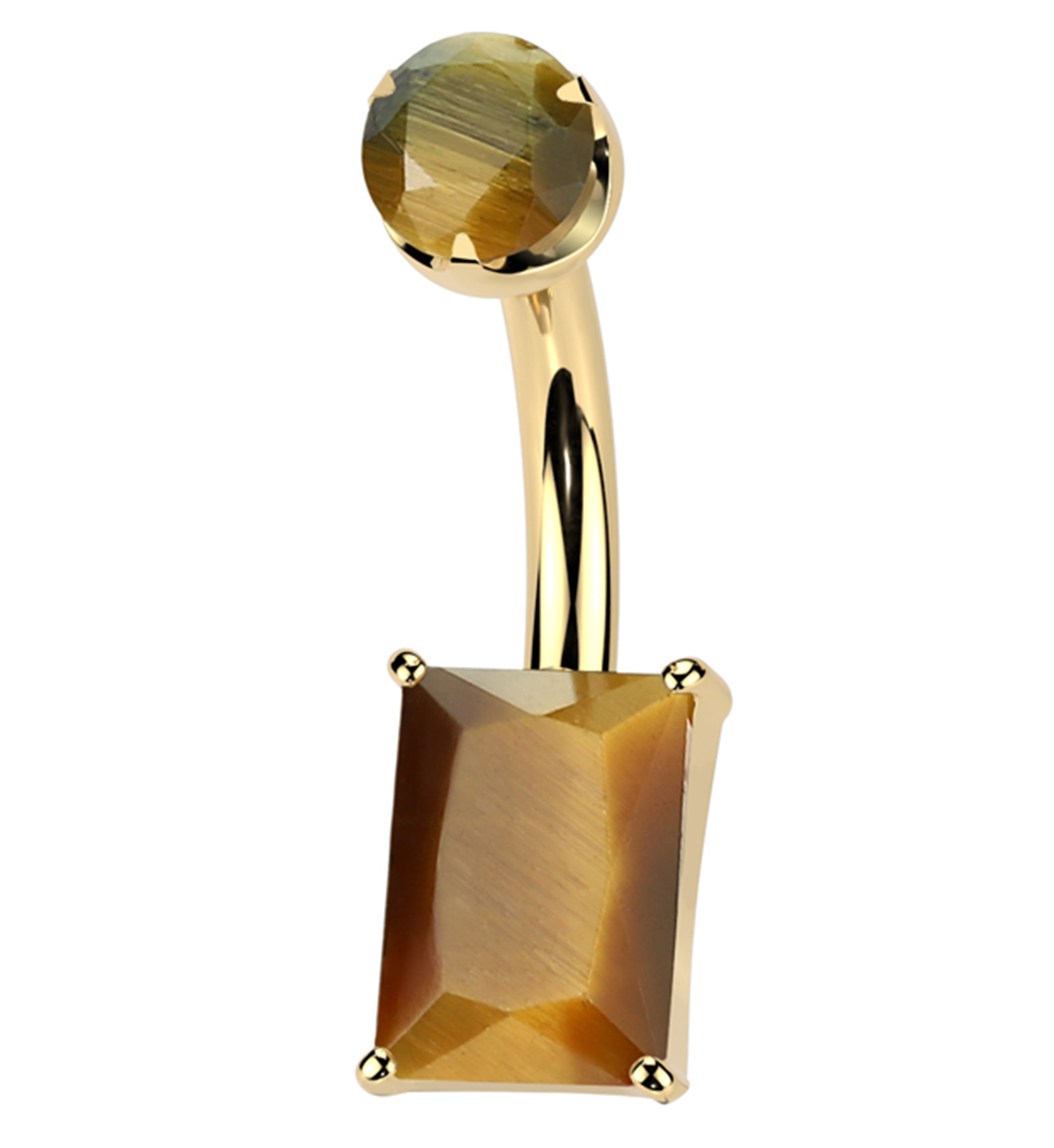 Gold PVD Rectangle Tiger Eye Stone Titanium Internally Threaded Belly Button Ring