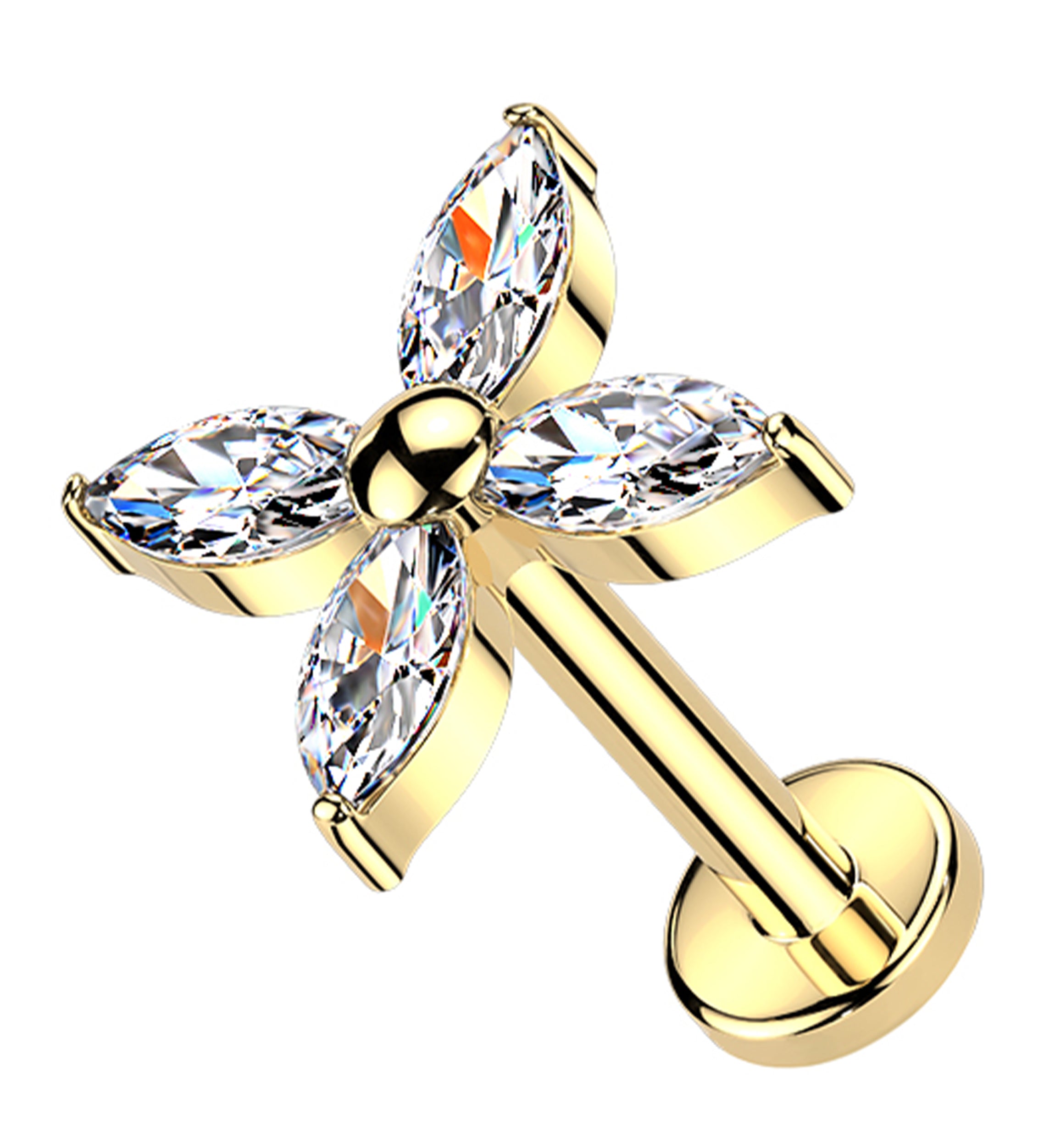 Gold PVD Retro Floral Clear CZ Titanium Threadless Labret
