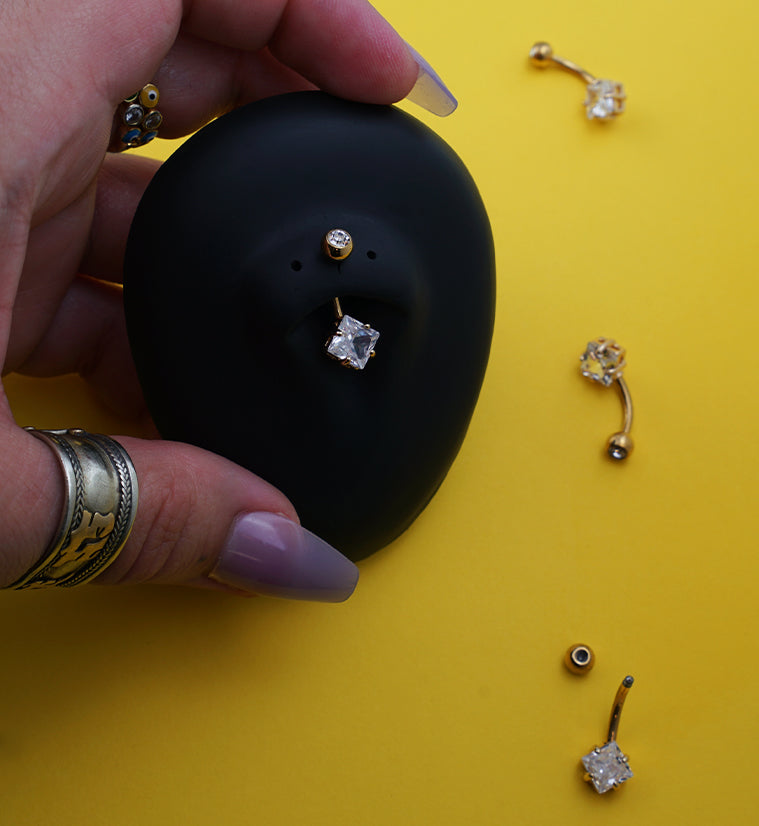 Gold PVD Rhombus Brass Prong Clear CZ Titanium Belly Button Ring