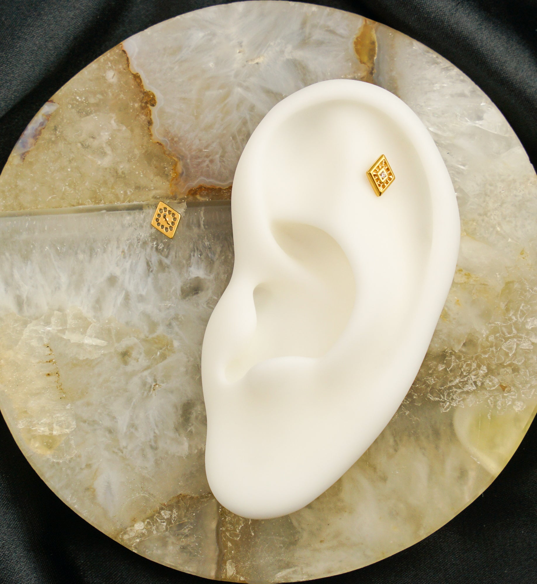 Gold PVD Rhombus Cutout Clear CZ Threadless Titanium Top