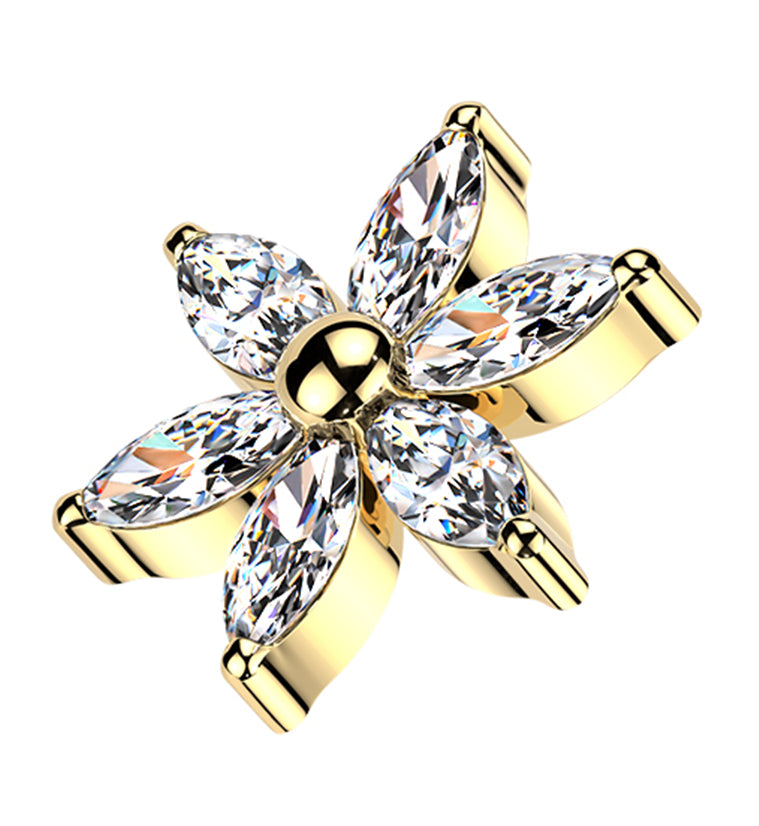Gold PVD Senary Flower Clear CZ Titanium Internally Threaded Top