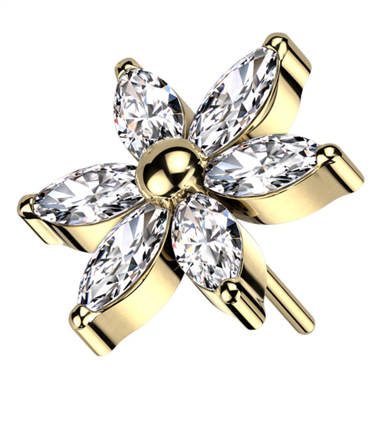 Gold PVD Senary Flower Clear CZ Titanium Threadless Top