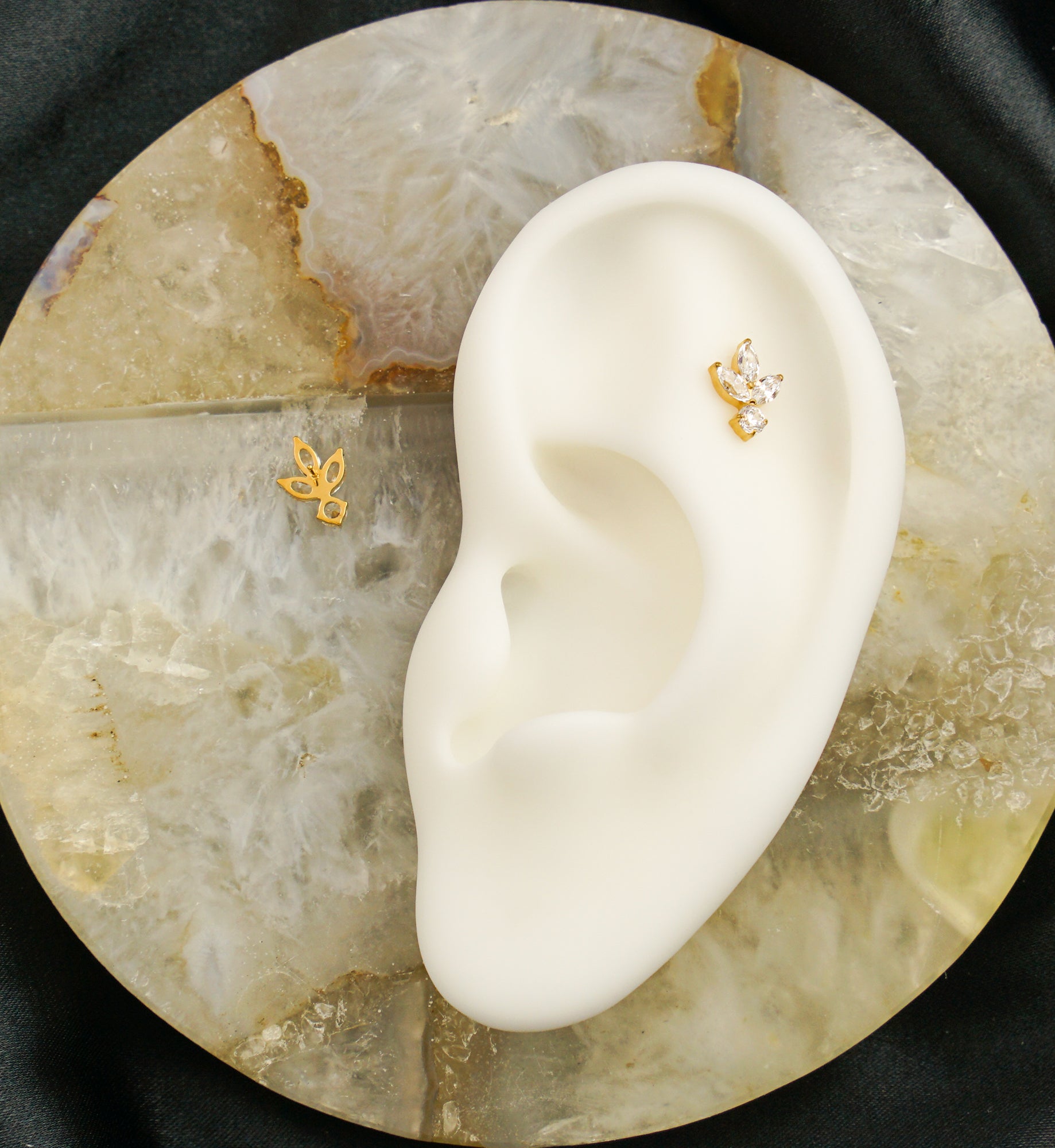 Gold PVD Sepal Leaf Clear CZ Threadless Titanium Top