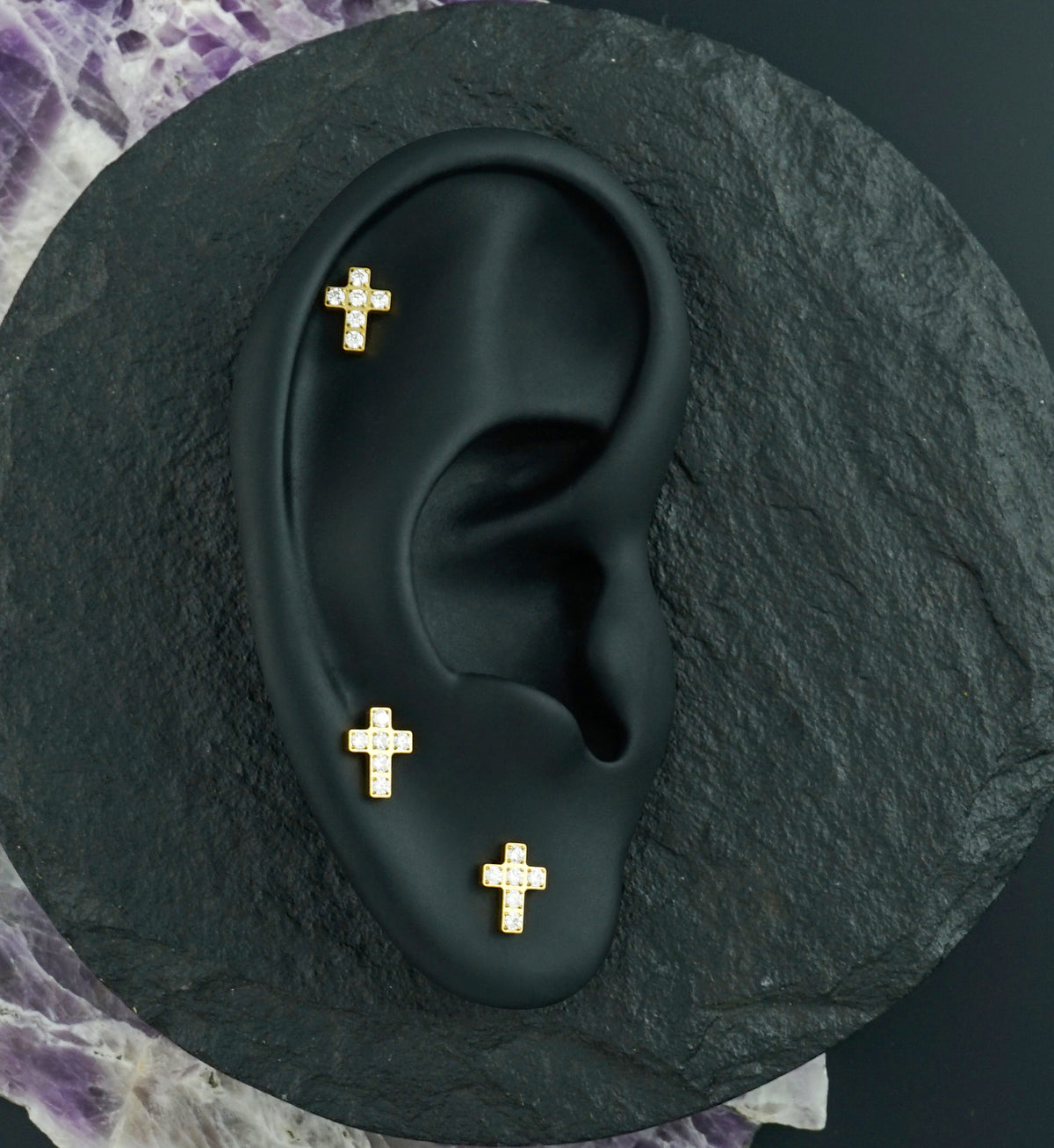 Gold PVD Shining Cross CZ Titanium Threadless Top