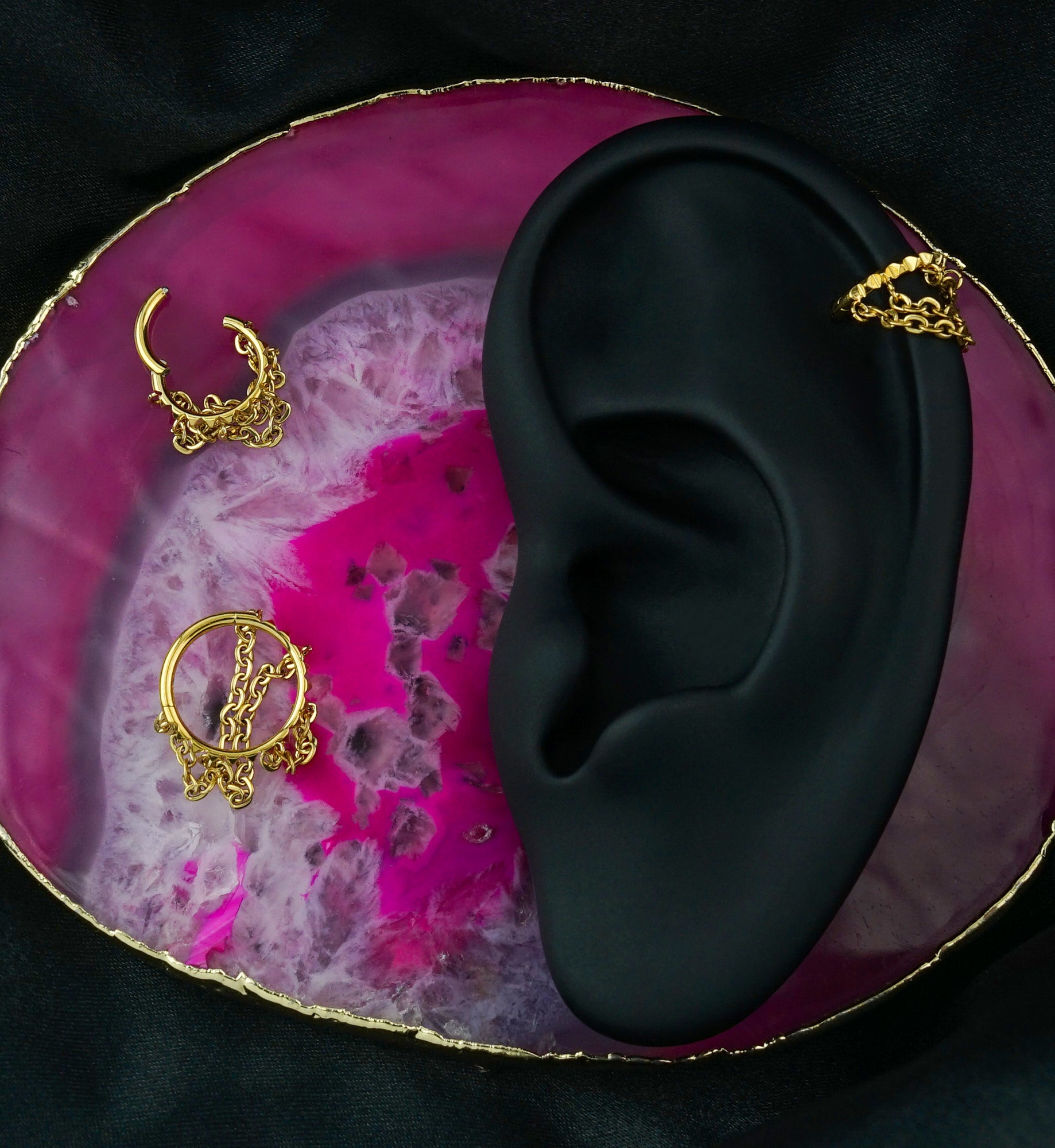 Gold PVD Side-Facing Polyhedra Row Triple Dangle Chain Hinged Segment Ring