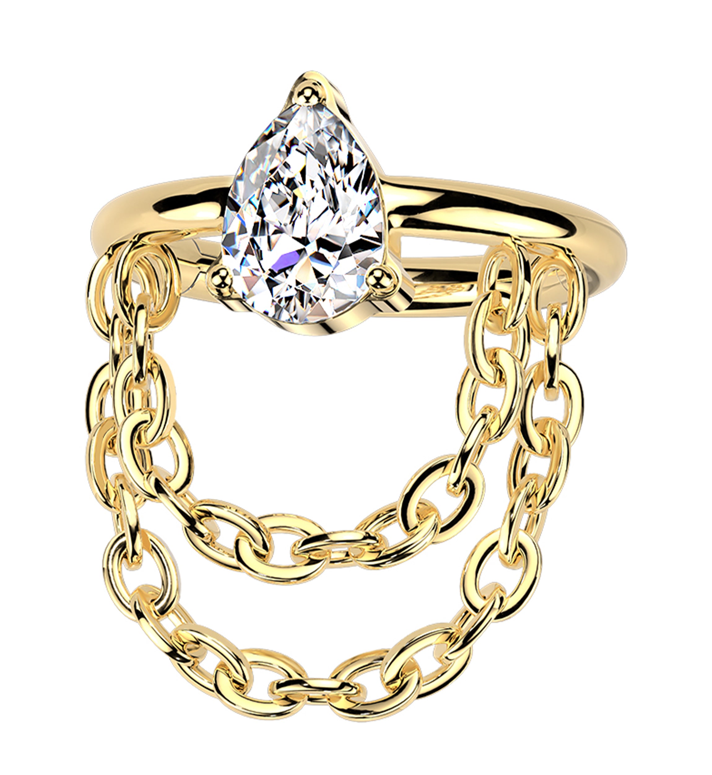 Gold PVD Side-Facing Teardrop Clear CZ Double Dangle Chain Hinged Segment Ring